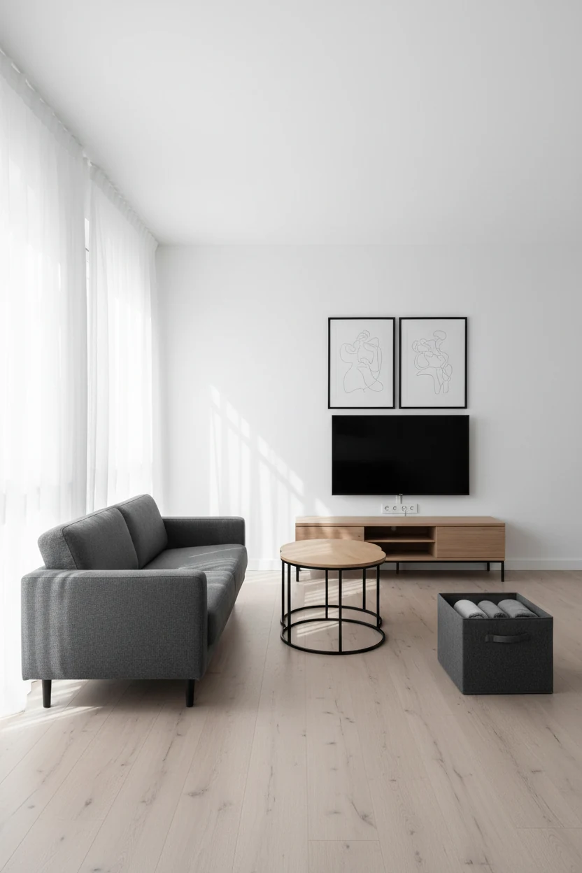 Photorealistic straight-on wide shot of a sunlit monochrome living room: crisp white walls, a charcoal slim-arm sofa, a 