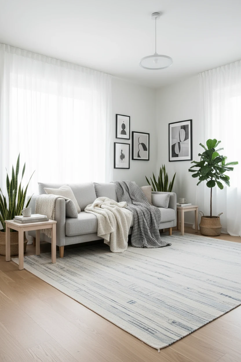 Wide-angle shot of a Scandinavian-inspired apartment living room with light wood floors, crisp white walls, pastel accen