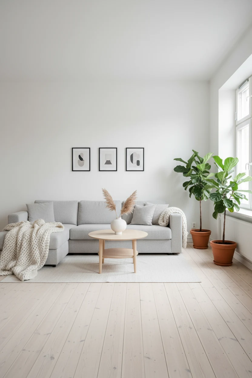 Wide-angle shot of a Scandinavian-style apartment living room with white walls, pale wood floors, and a plush light gray