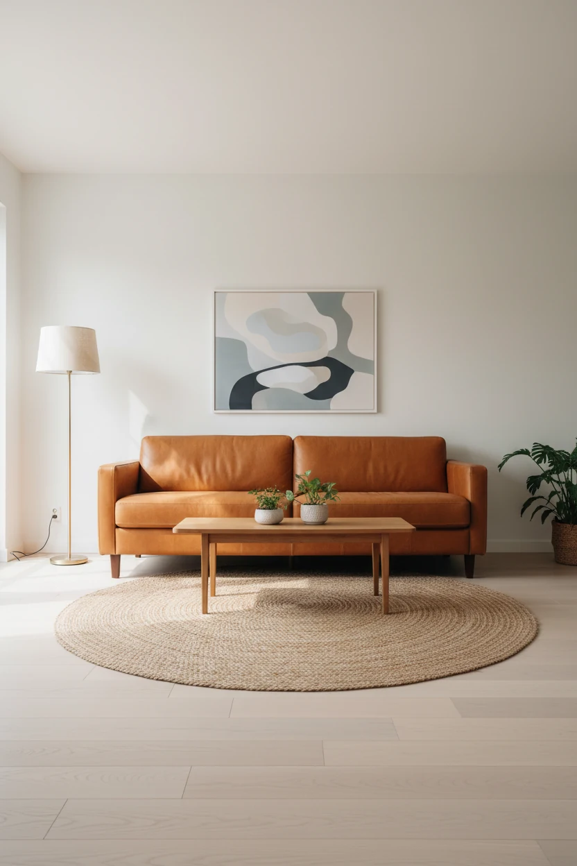 Wide-angle view of a Scandinavian-inspired living room with soft white walls and pale ash wood floors, centered on a car
