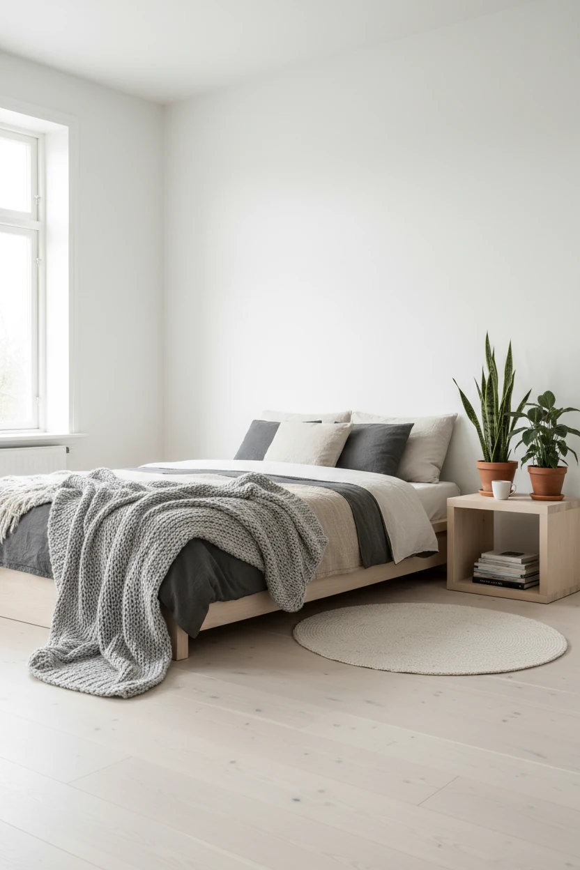 Wide-angle shot of a minimalist Scandinavian bedroom with crisp white walls, pale wood platform bed, layered grey and be