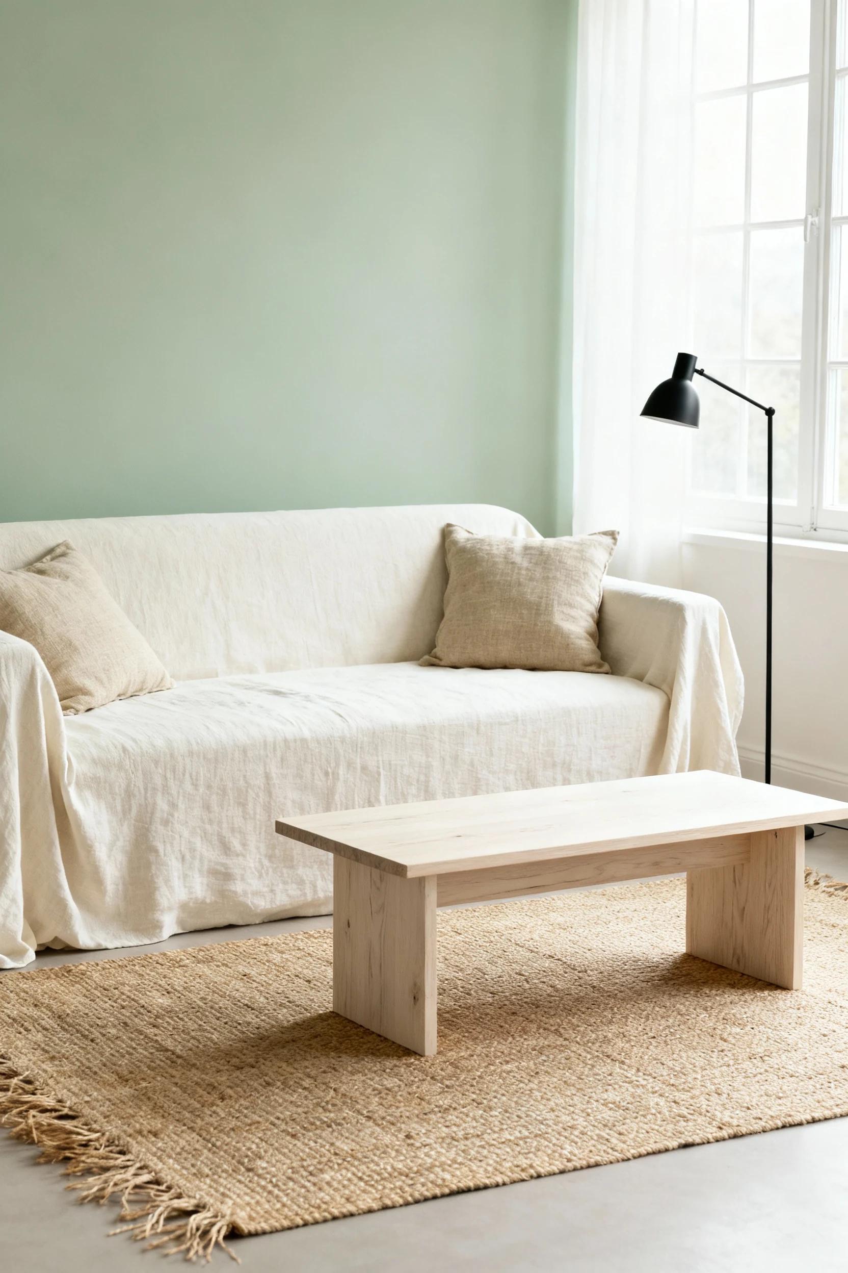 Photorealistic wide, straight-on living room shot: soft sage accent wall; cream linen-look slipcovered sofa with two fla