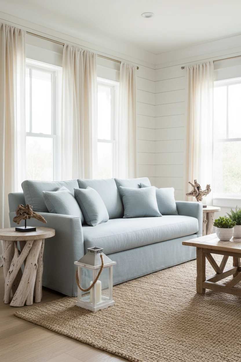 Wide-angle view of a bright living room featuring soft white peel-and-stick shiplap walls, a pale blue sofa, sandy-toned