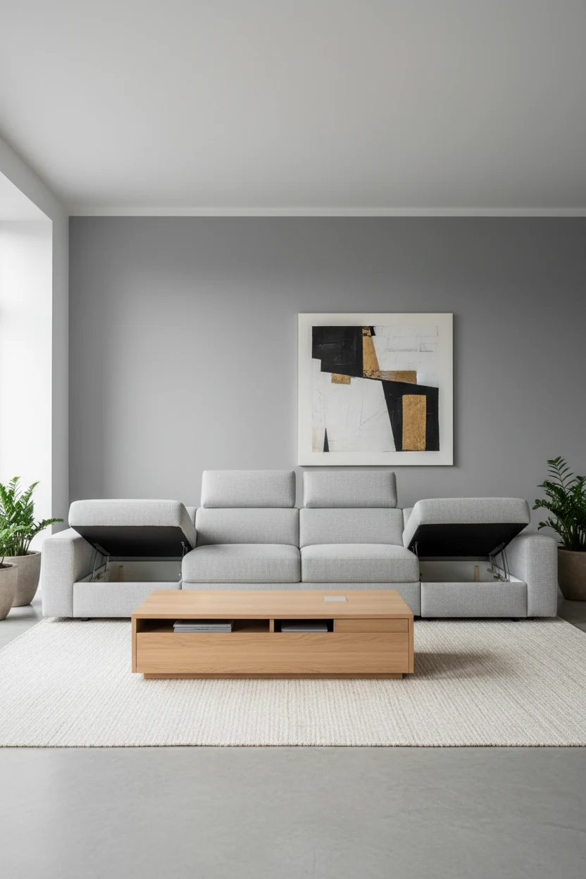 Wide-angle shot of a minimalist living room with soft grey walls, a sleek modular sofa with lifted seats revealing hidde
