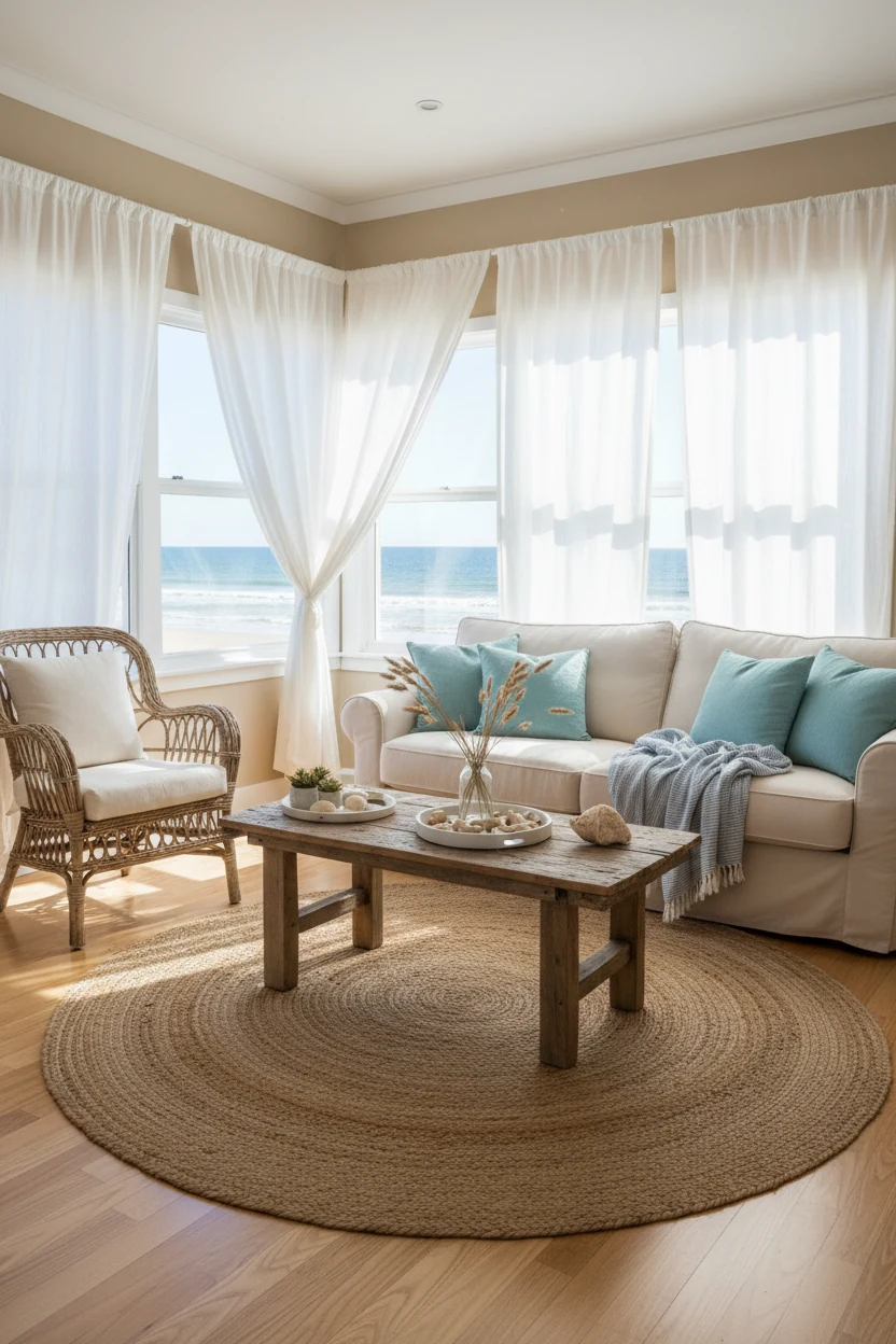 Wide-angle shot of a coastal calm living room with sandy beige walls, crisp white curtains flowing in natural sunlight, 
