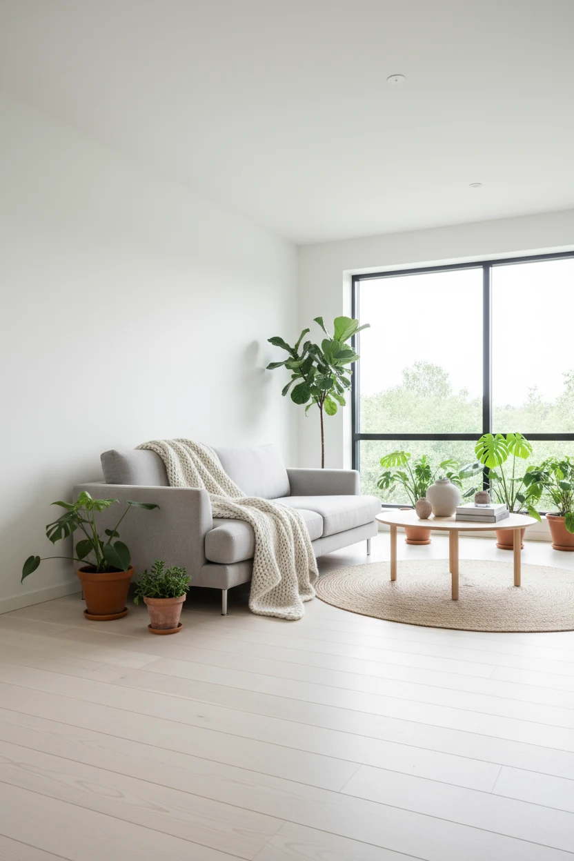 Wide-angle shot of a Scandinavian minimalist living room with crisp white walls, pale wood floors, a low-profile soft gr