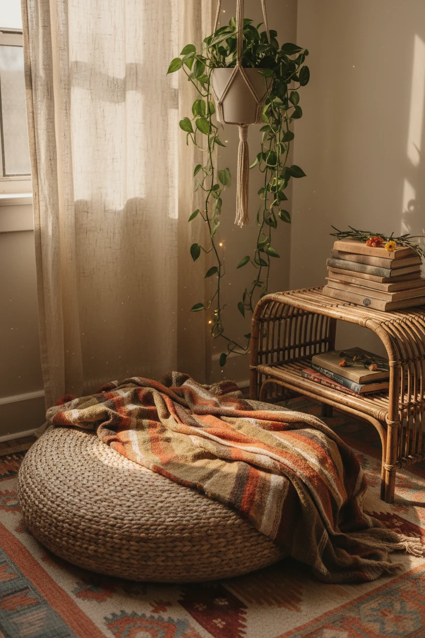 A medium shot of a boho-inspired reading nook in a small apartment corner, featuring a large woven floor cushion, a thri
