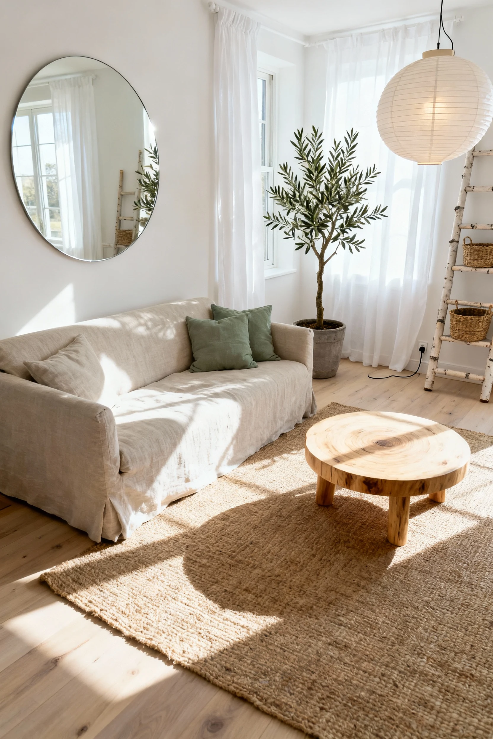 1. Wide room shot, corner angle, photorealistic: sunwashed Scandi living room with white walls and pale wood; oatmeal li