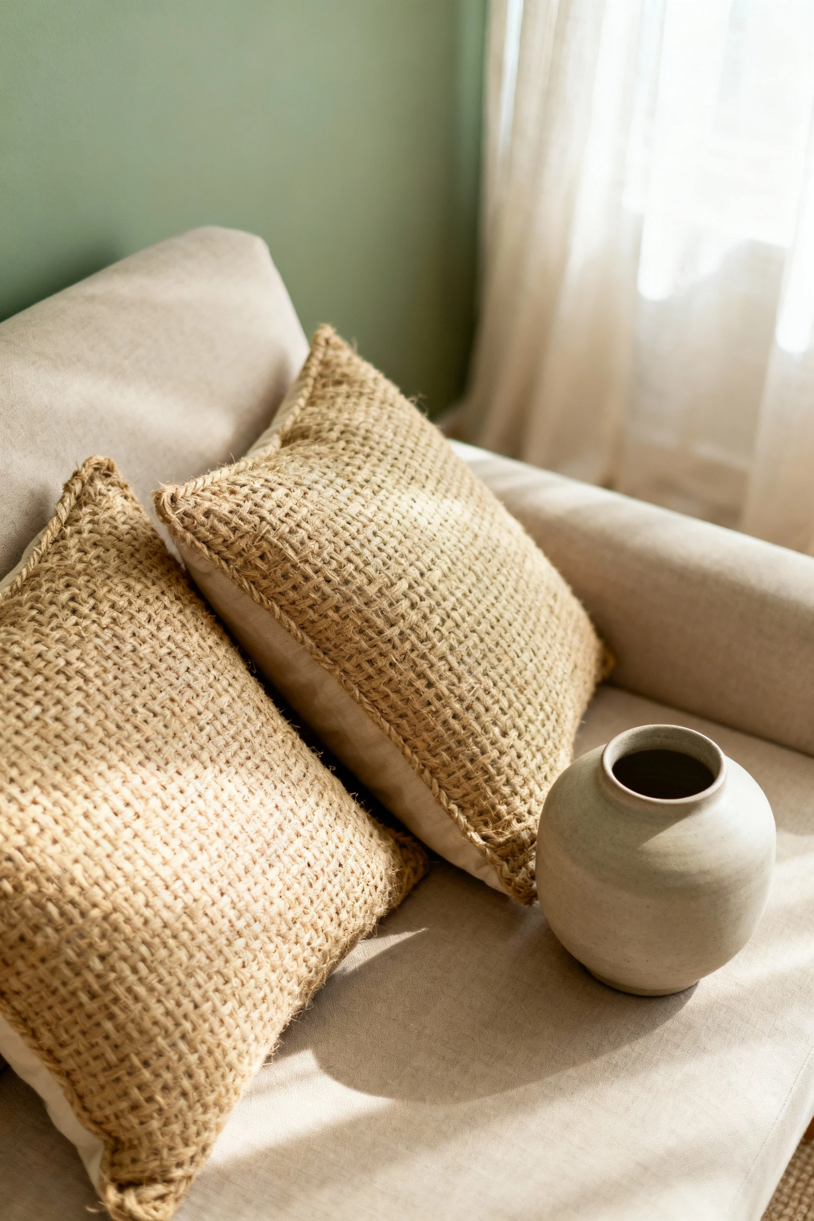 Detail overhead closeup, photorealistic: jute pillow pair on a sofa beside a simple ceramic vase, with a subtle sage acc