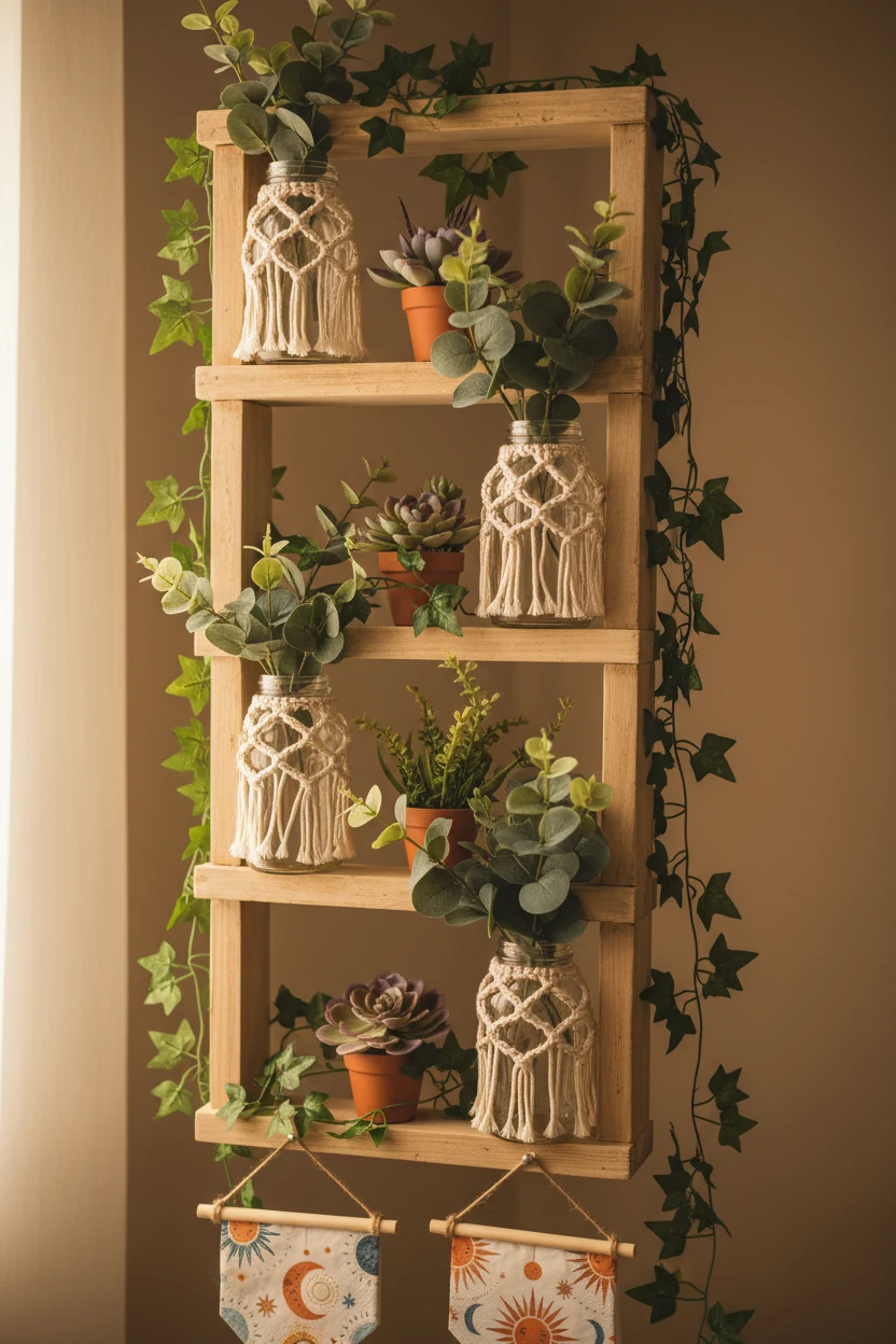 Medium shot of a boho-inspired shelving unit with faux ivy and succulents, glass jars wrapped in cream macrame cord hold