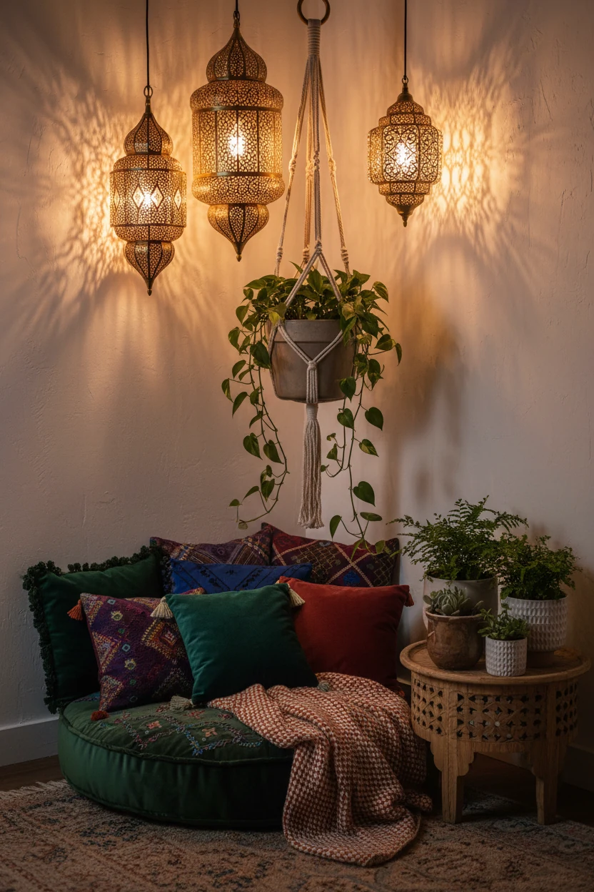 Closeup detail of a bohemian reading nook corner featuring a mix of brass, wicker, and Moroccan-style metal lanterns lay