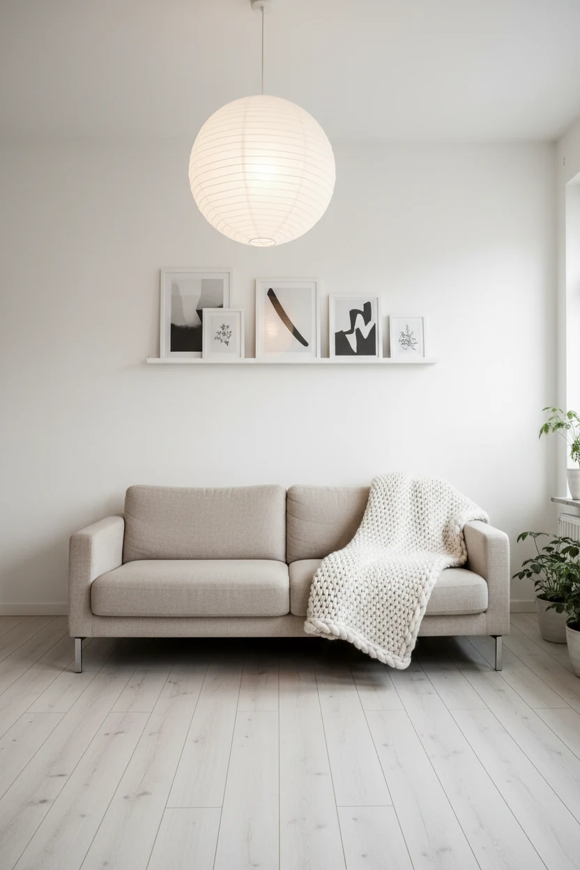 Medium shot of a minimalist Scandinavian living room with white walls and pale wood peel-and-stick flooring, thrifted be