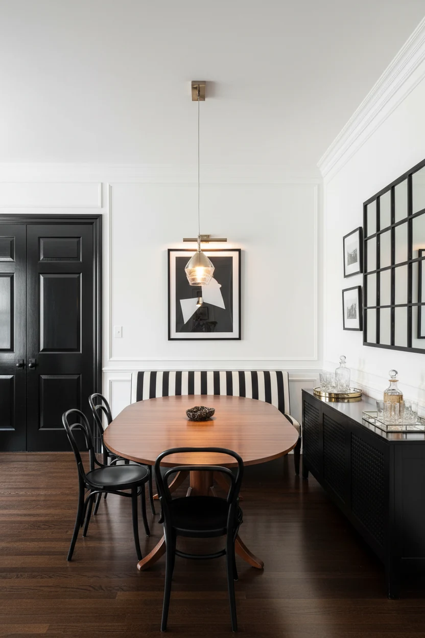 2. Photorealistic straight-on medium-wide view of a modern classic black-and-white dining room: snow-white walls with ta