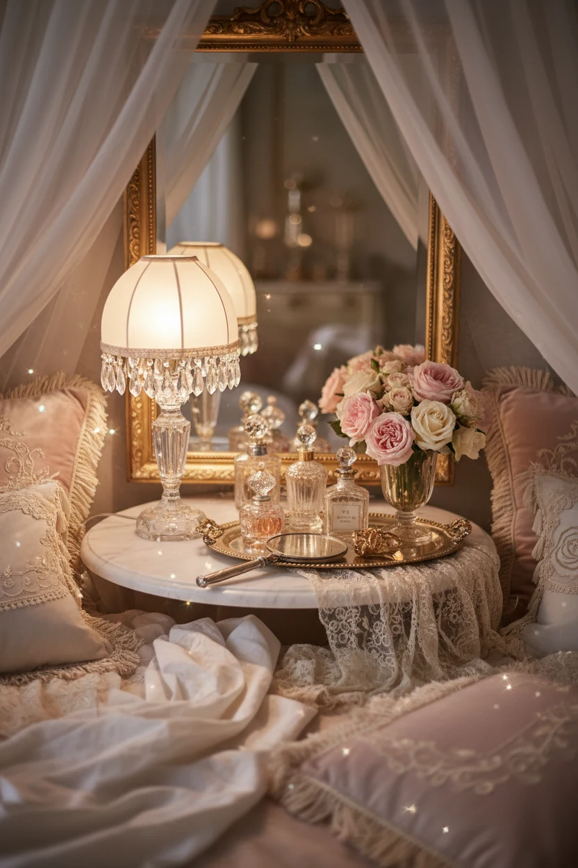 2. Close-up vignette in a Romantic Parisian boudoir: marble-top nightstand with a crystal lamp casting low, sparkling li