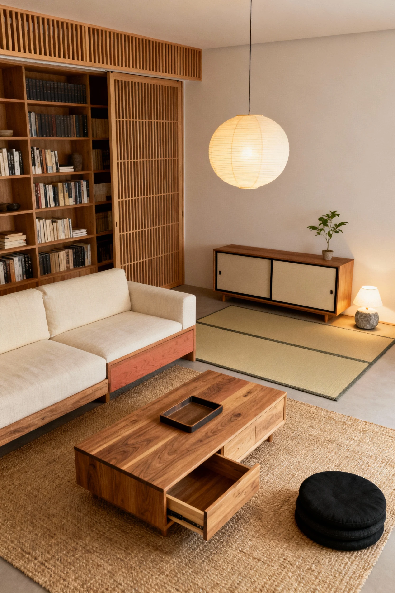 Medium corner-angle photorealistic shot of a Japandi living room in cream, clay, and soft black with linen, ash wood, an