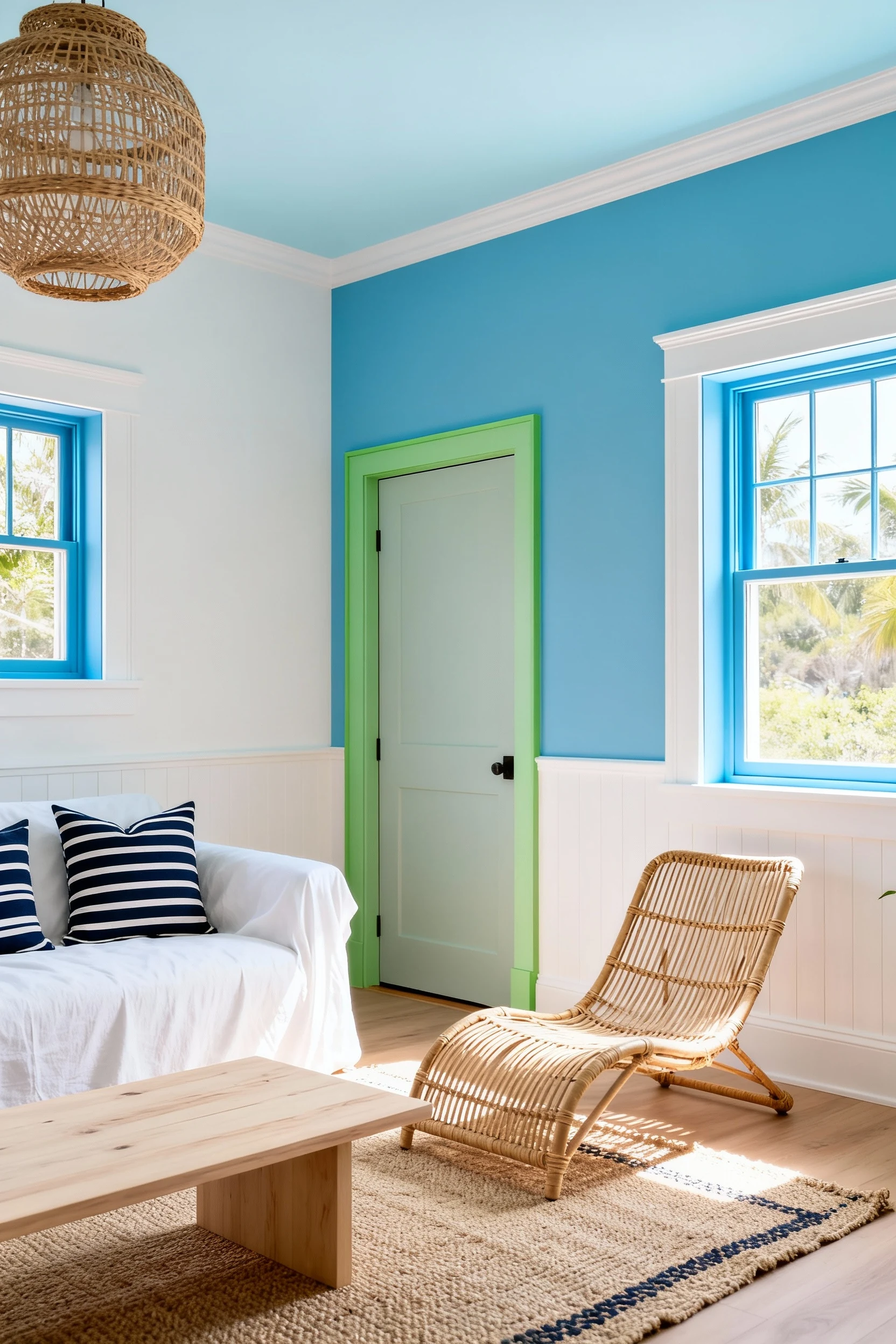 Corner-angle medium shot of a coastal chalk blue living room: chalky ocean-washed blue accent wall, warm soft white surr