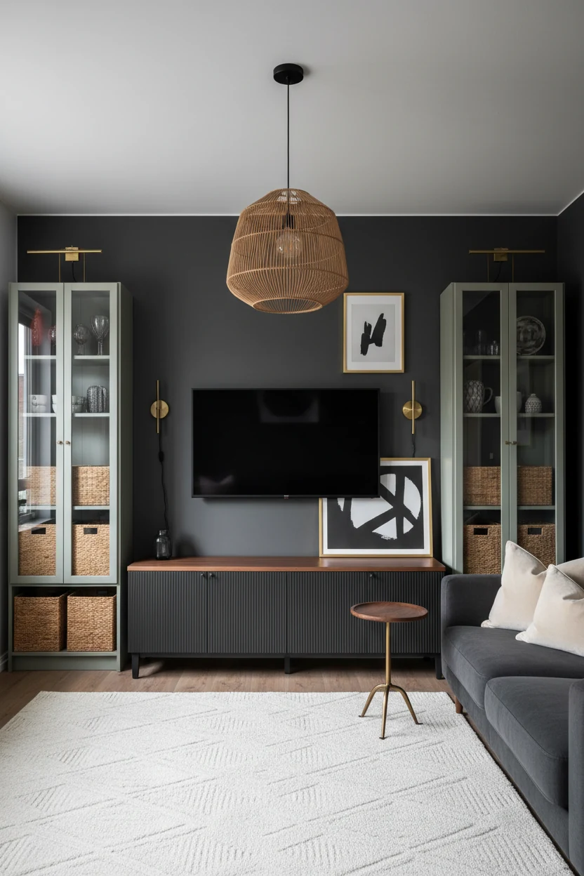 2. Medium straight-on, photorealistic moody micro living room: a charcoal removable wall behind the TV, BESTÅ media unit
