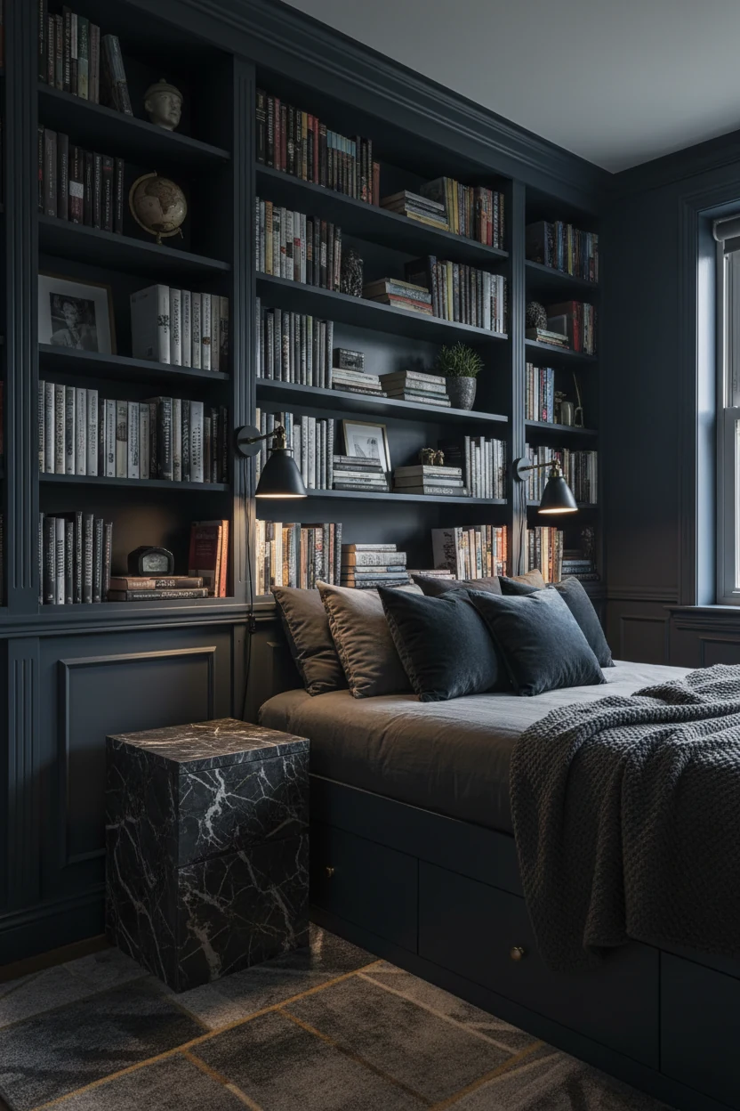 Photorealistic medium corner view of a moody micro loft library: a wall of BILLY bookcases with added crown molding and 