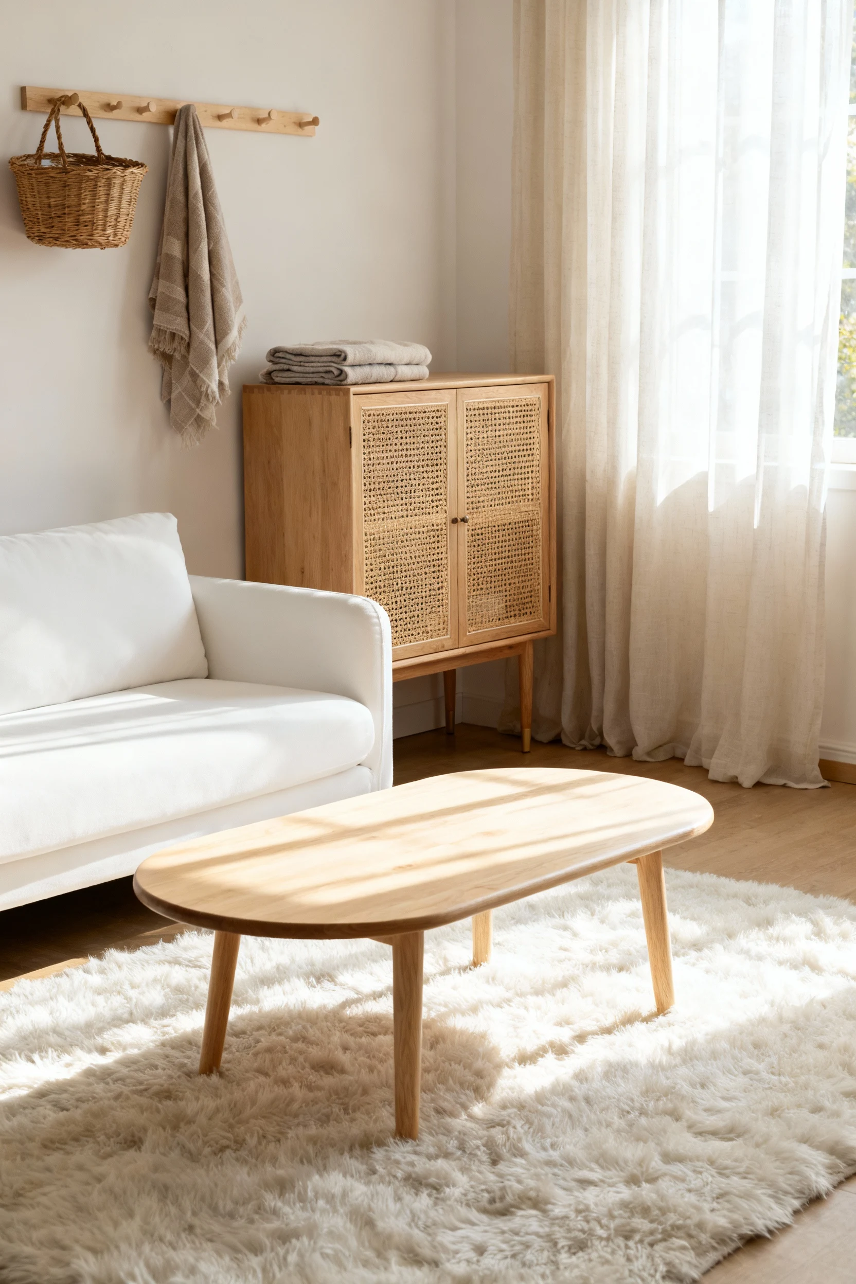 2. Medium corner-angle photorealistic scene of a Scandinavian sunlit nest: snowy sofa on a wool rug, pale oak light wood