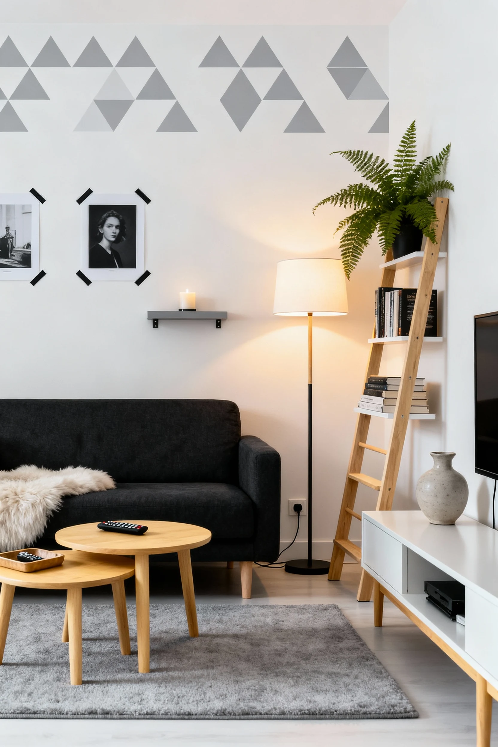 Photorealistic wide, straight-on view of a Scandinavian monochrome living room: compact charcoal sofa on a soft gray rug