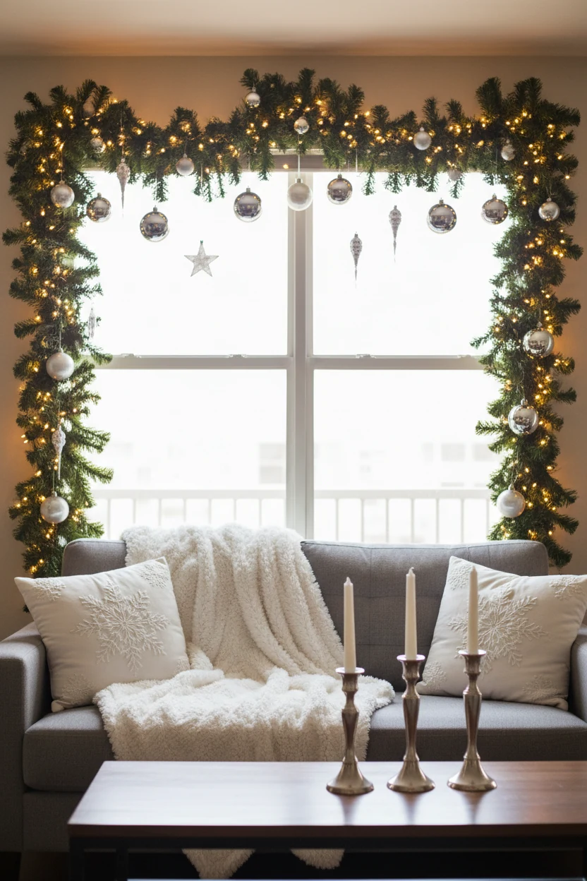 Medium shot of a large apartment window dressed with lush faux garlands along the top and sides, battery-powered twinkle