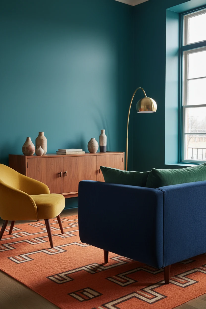 Medium shot of a vibrant mid-century lounge area with deep teal walls, a mustard-yellow velvet armchair beside a walnut