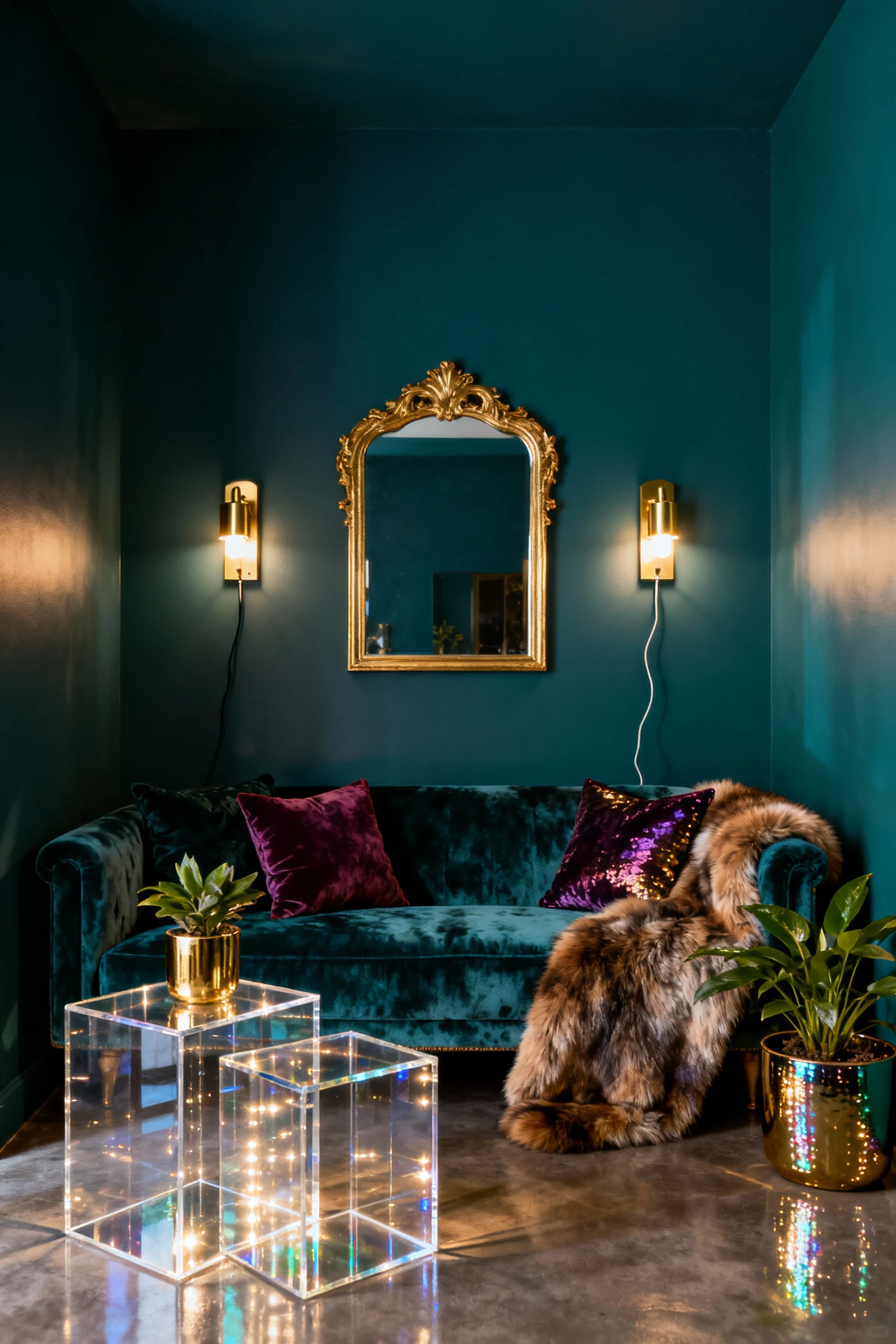 Photorealistic medium straight-on vignette: deep teal walls forming a moody cocoon, thrifted velvet loveseat accented wi