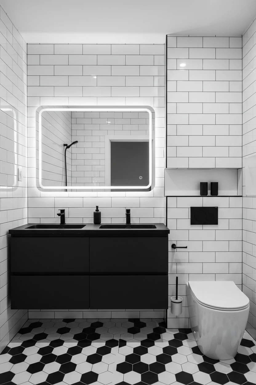 Medium shot of a black-and-white monochrome bathroom featuring crisp white subway tile walls, dramatic matte black vanit