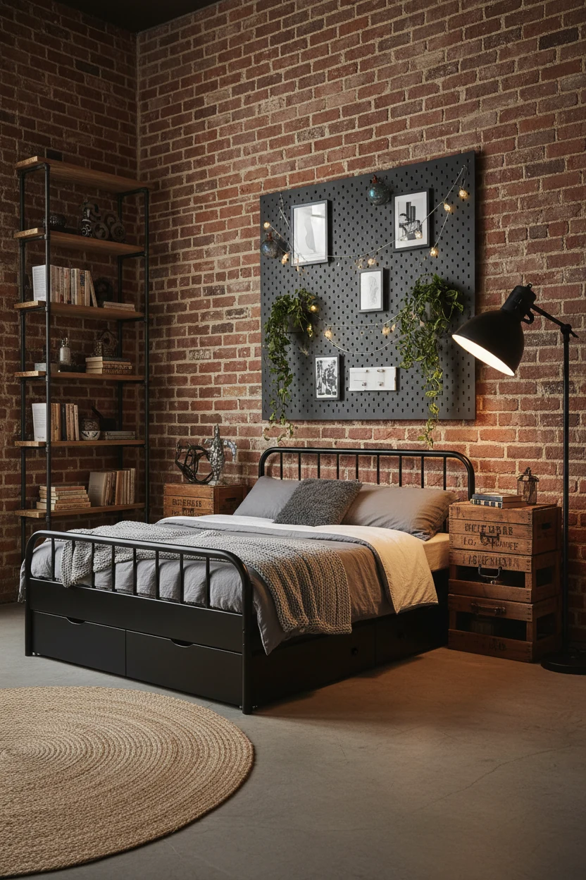 Medium shot from a corner angle of an industrial loft-inspired bedroom featuring exposed brick walls, a matte black bed 