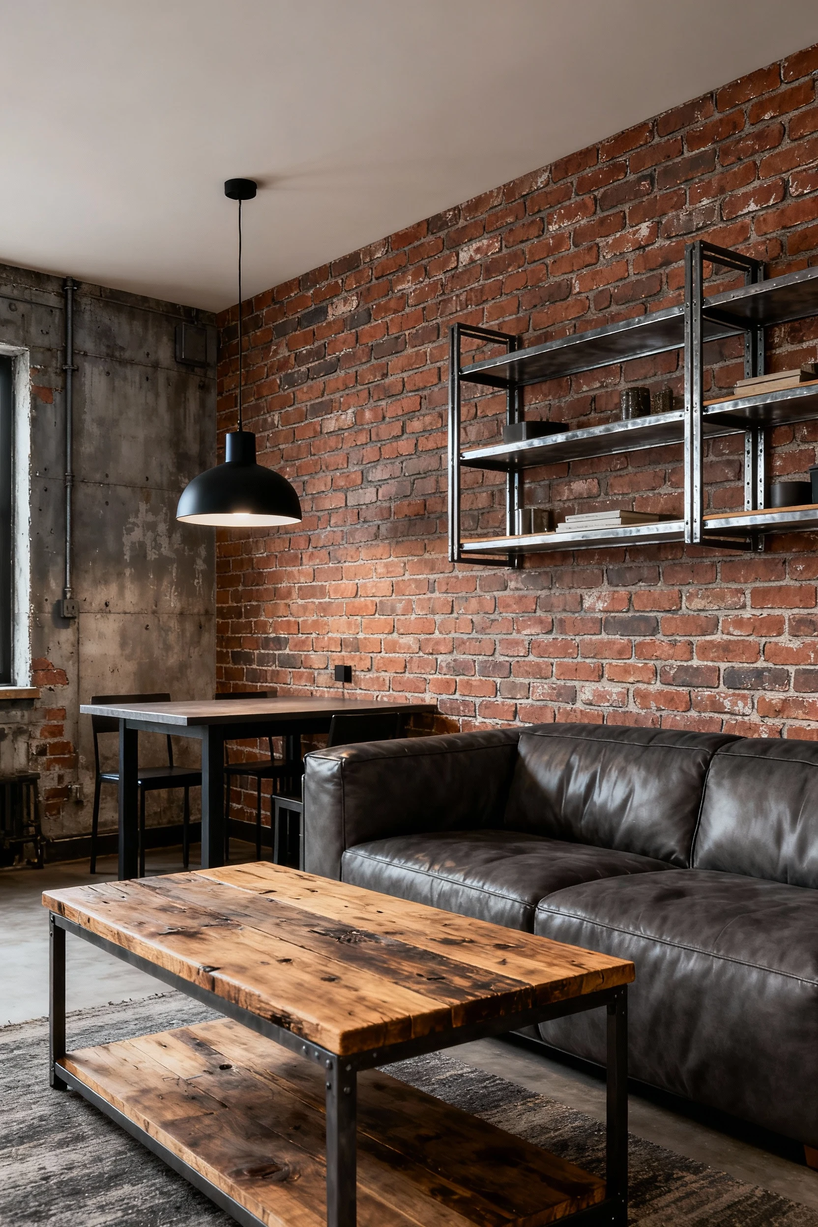 Corner perspective of an urban loft-inspired living area featuring an exposed brick accent wall created with peel-and-st