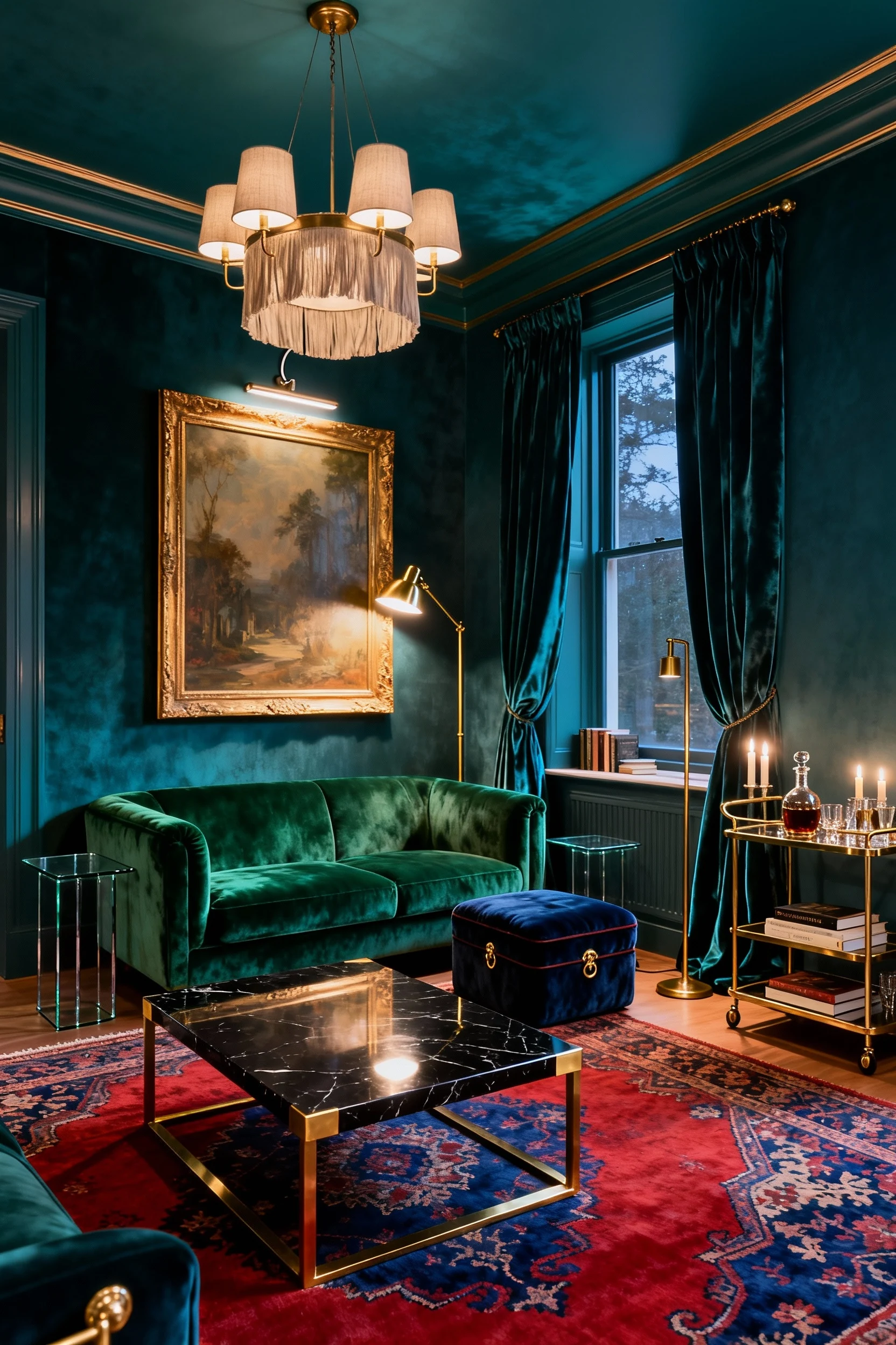 Photorealistic medium, corner-angle shot of a moody jewel-box living room enveloped in deep teal satin walls and ceiling