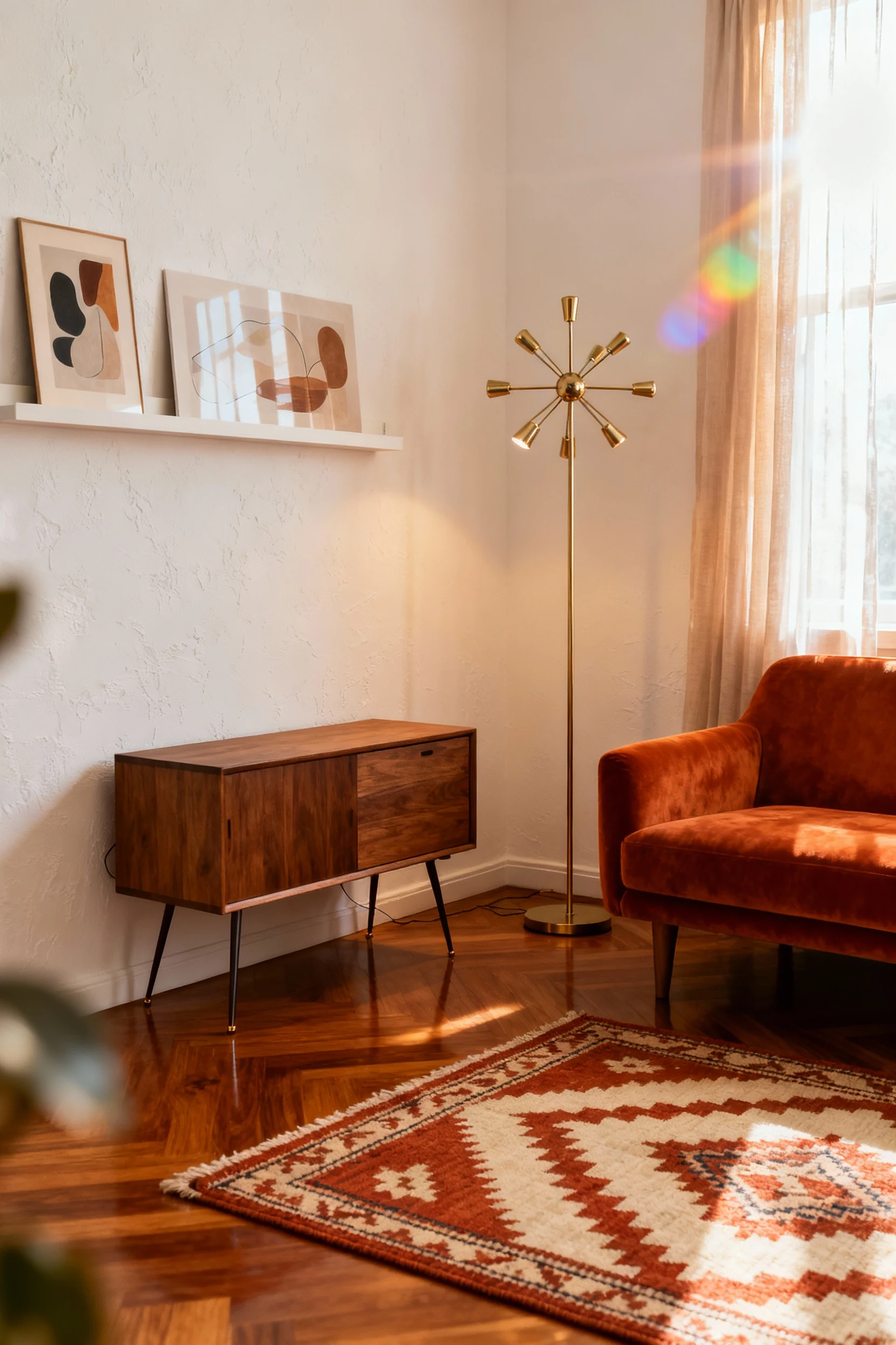 Photorealistic medium corner-angle shot of a mid-century micro living room with a compact walnut media console on hairpi