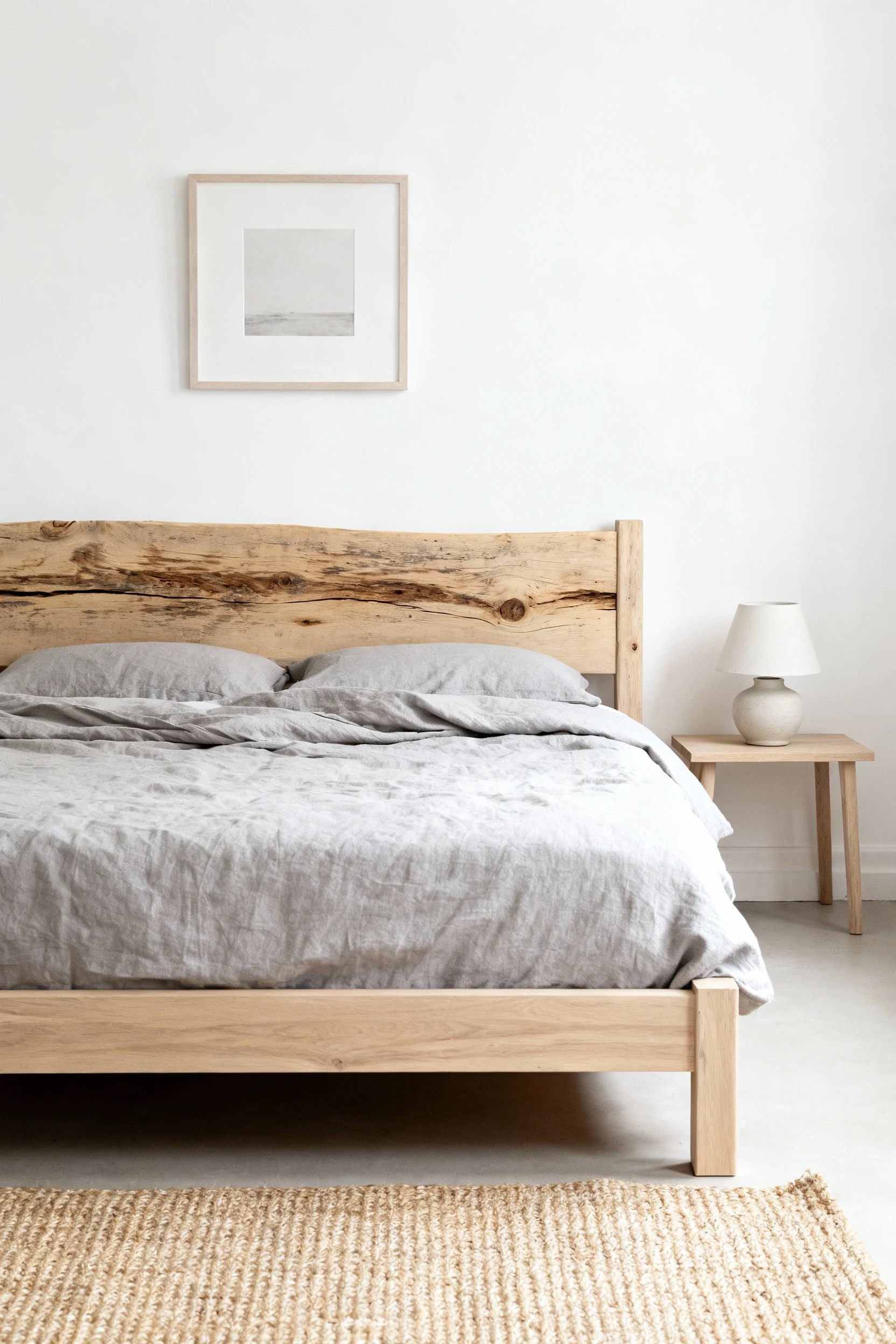 Straight-on, medium shot of a minimalist Scandinavian bedroom with crisp white walls, light ash wood bed frame, soft gre