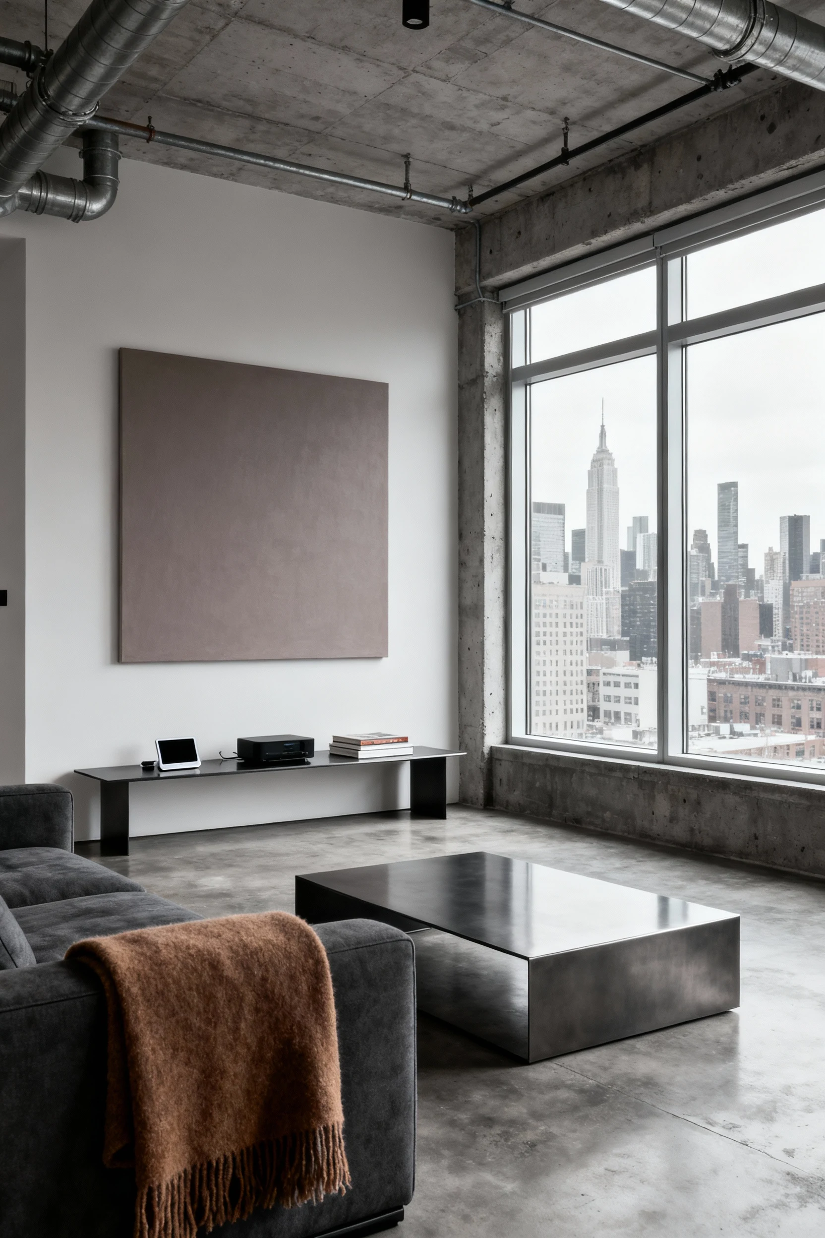 Medium shot of an urban minimalist loft living area with concrete floors, exposed ceiling pipes, and large skyline-facin
