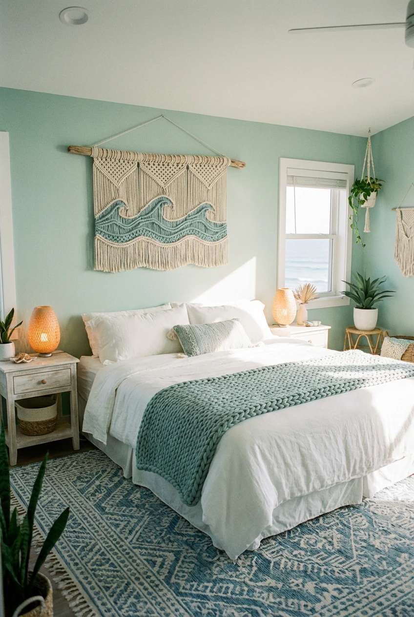 Medium-angle view of an airy coastal boho bedroom with soft seafoam green walls, crisp white linen bedding, a chunky kni