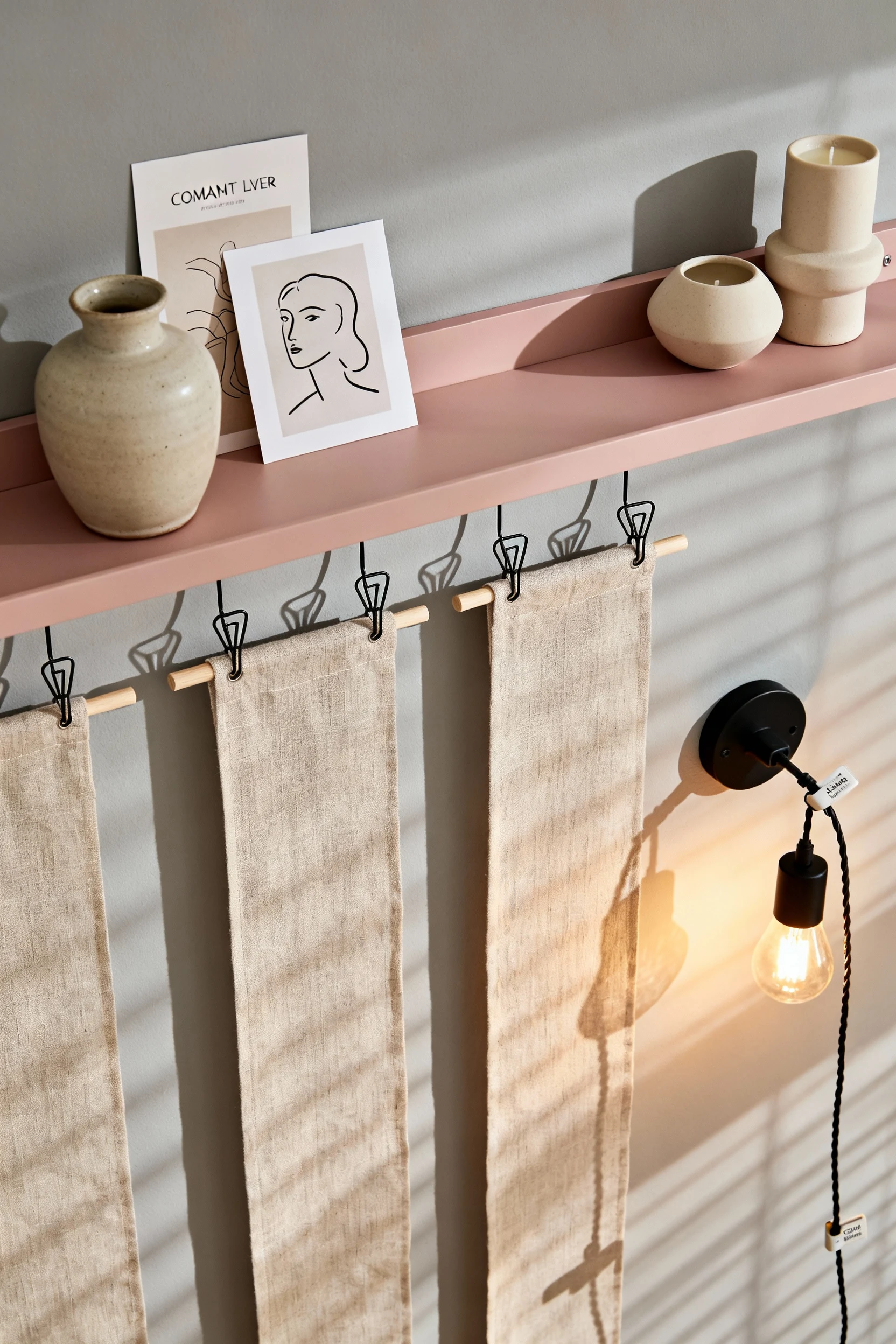 Photorealistic overhead detail shot looking down at a lightweight Command Picture Ledge styled with minimalist line-art 