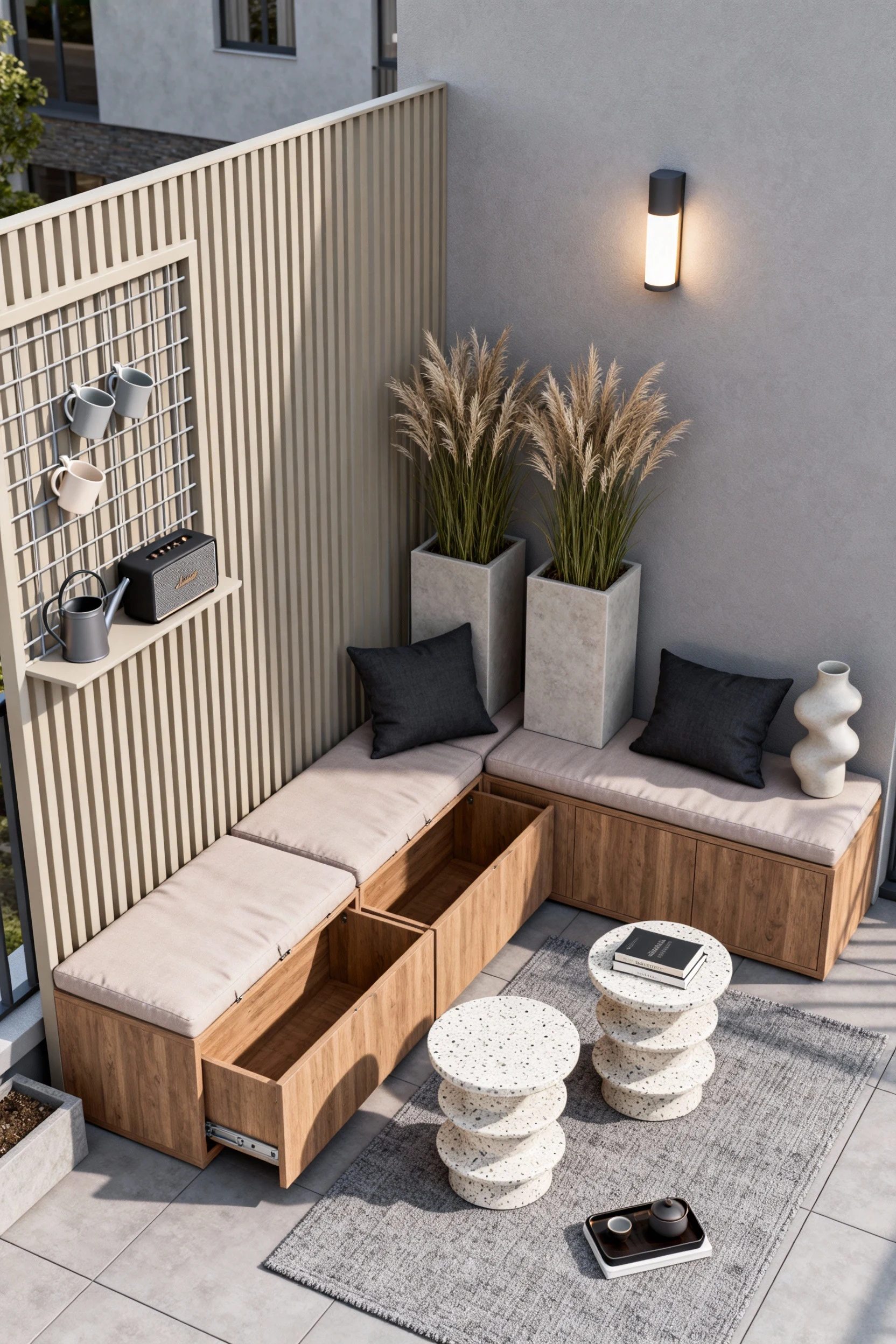 Wide corner-angle shot of a minimalist modular lounge on a compact balcony: low-profile L-shaped storage bench with lift