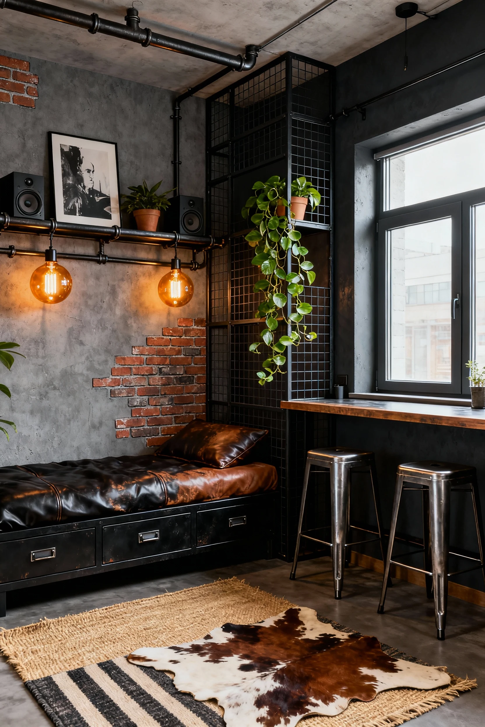 Straight-on medium shot of an industrial micro loft: daybed with drawers along a faux-brick peel-and-stick wall, pipe-sh