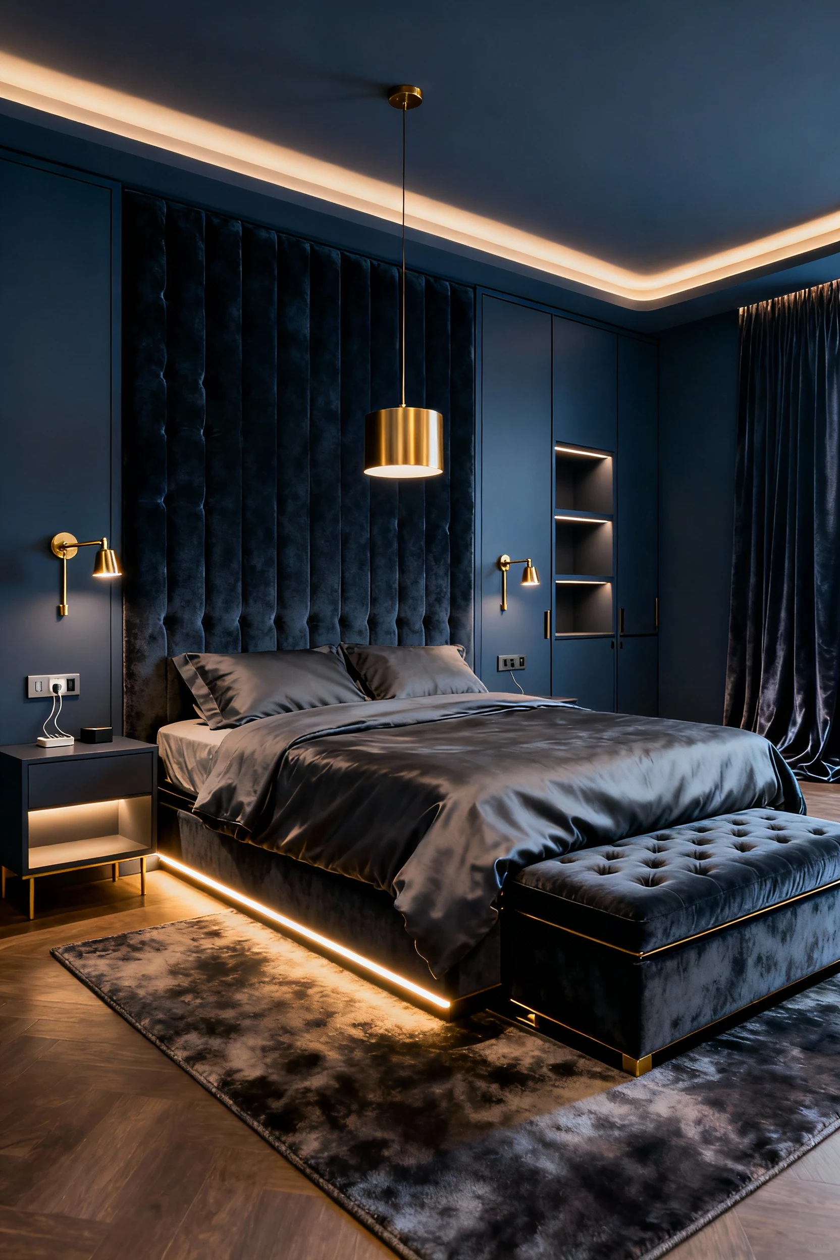 Photorealistic medium corner-angle shot of a moody modern hotel-style bedroom with deep charcoal blue walls: a tall midn