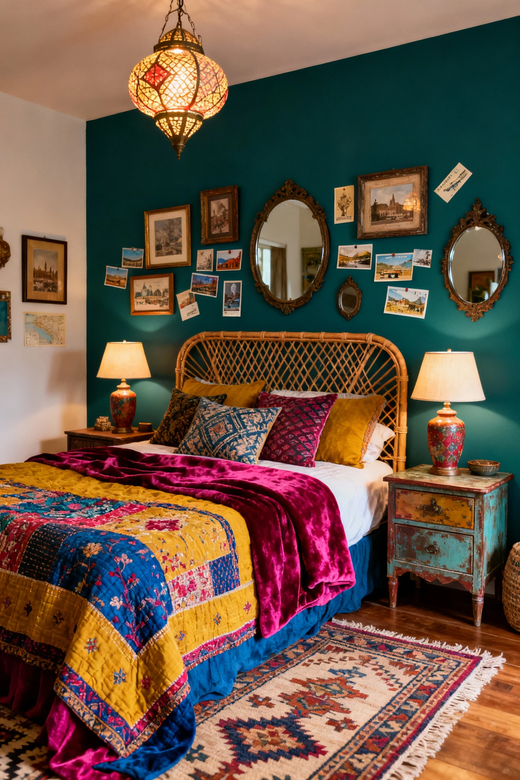 2. Medium corner-angle shot of a jewel-tone eclectic boho bedroom: deep teal accent wall behind a rattan headboard; bed 