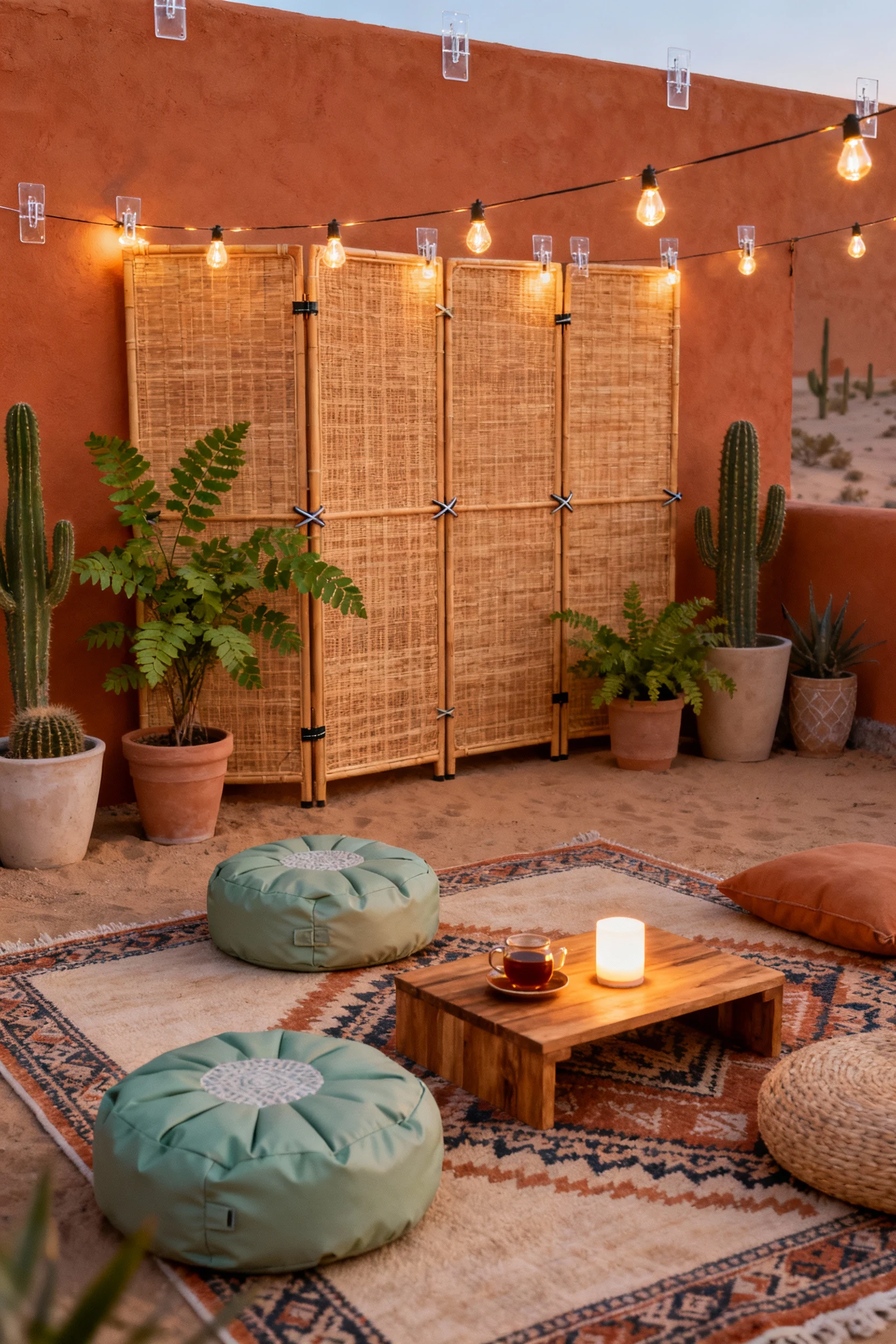 Photorealistic wide corner view of a desert boho lounge in terracotta, sand, and sage: layered outdoor rugs, water-resis