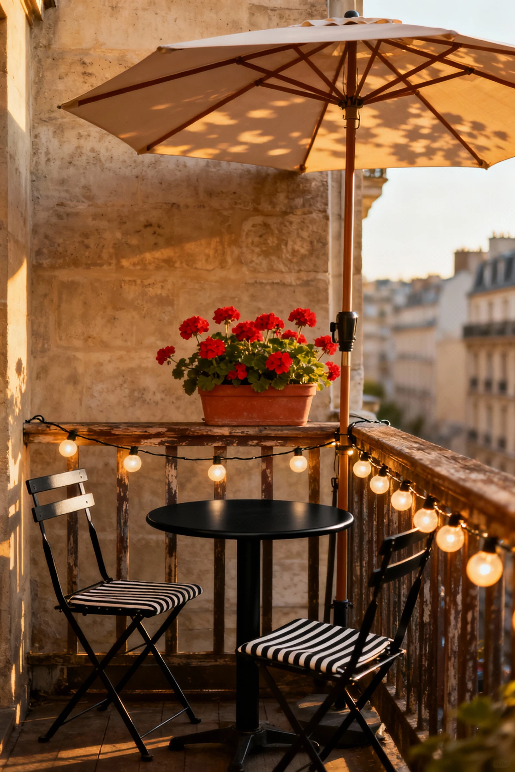 Photorealistic wide straight-on shot of a budget bistro nook: matte black small round bistro table with two metal chairs
