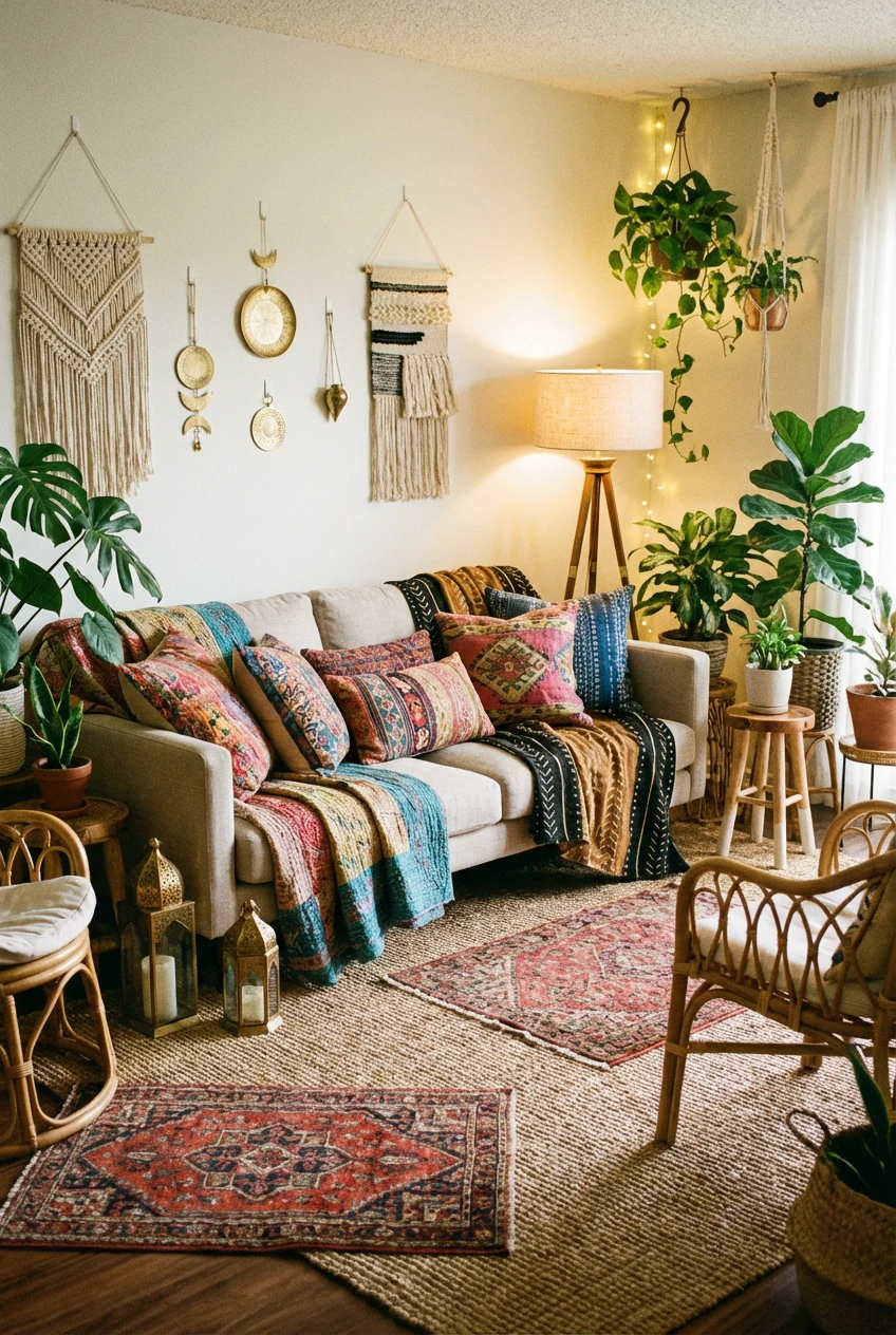 Medium shot of a boho layered escape seating area, colorful patterned throw pillows stacked on a neutral couch draped wi