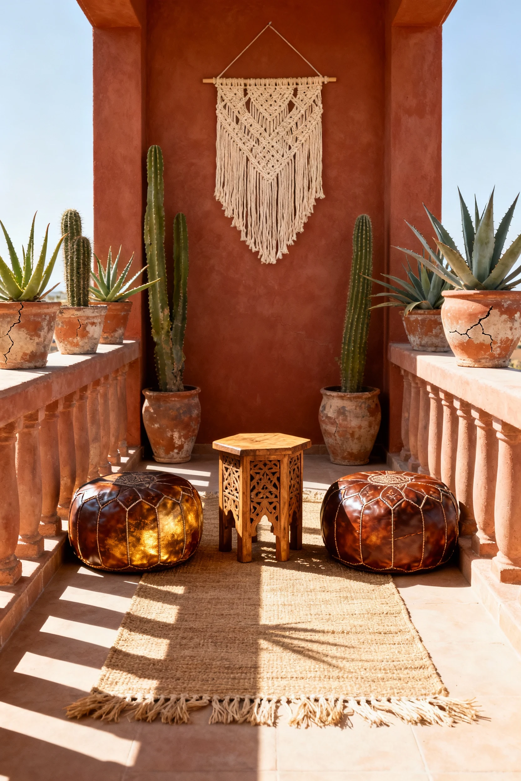 2. Wide straight-on balcony scene, photorealistic: rust, cinnamon, and sandstone textiles frame a pair of leather Morocc