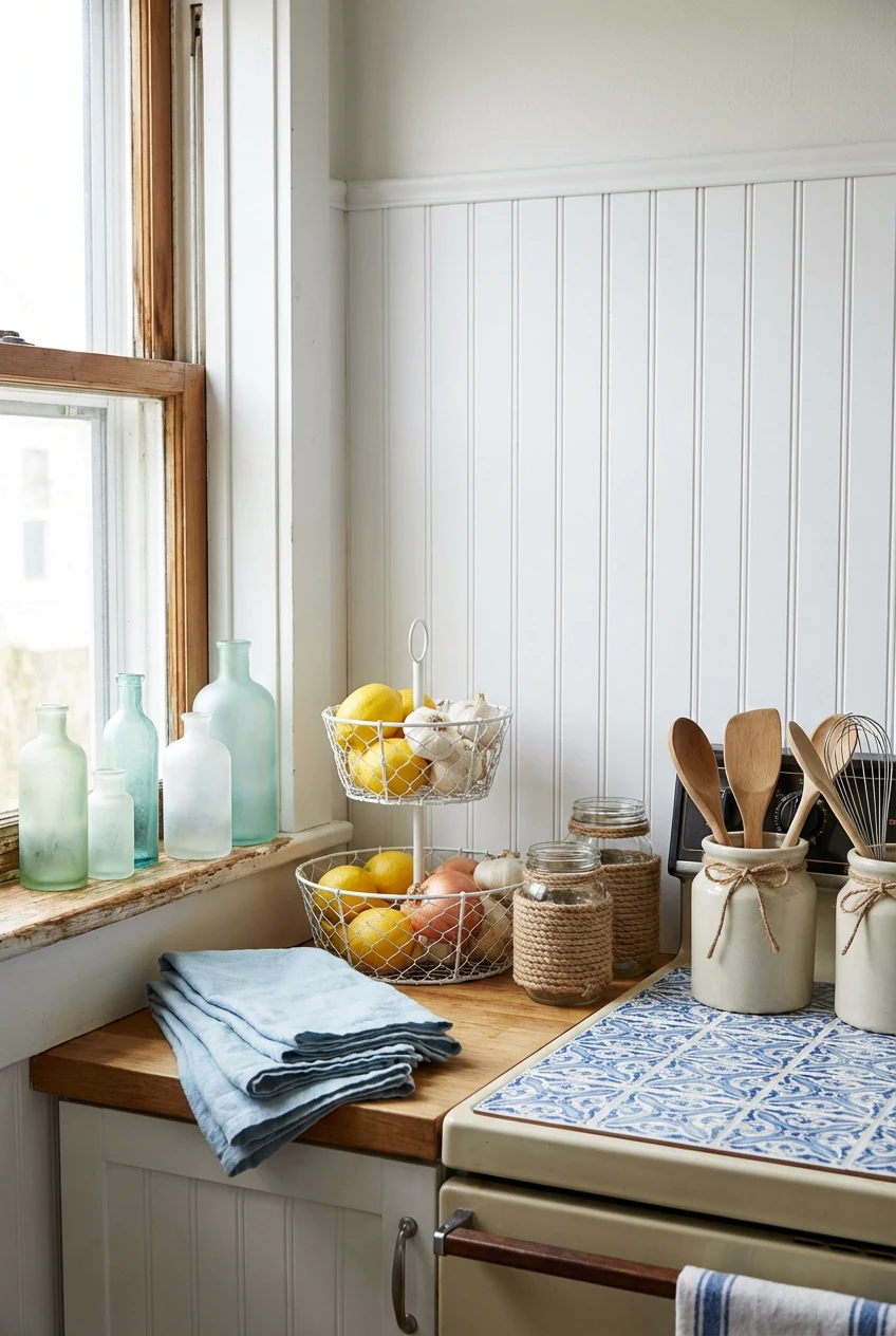 2. Photorealistic medium corner-angle view of a coastal cottage vignette: soft blue tea towels, rope-wrapped jars, a whi
