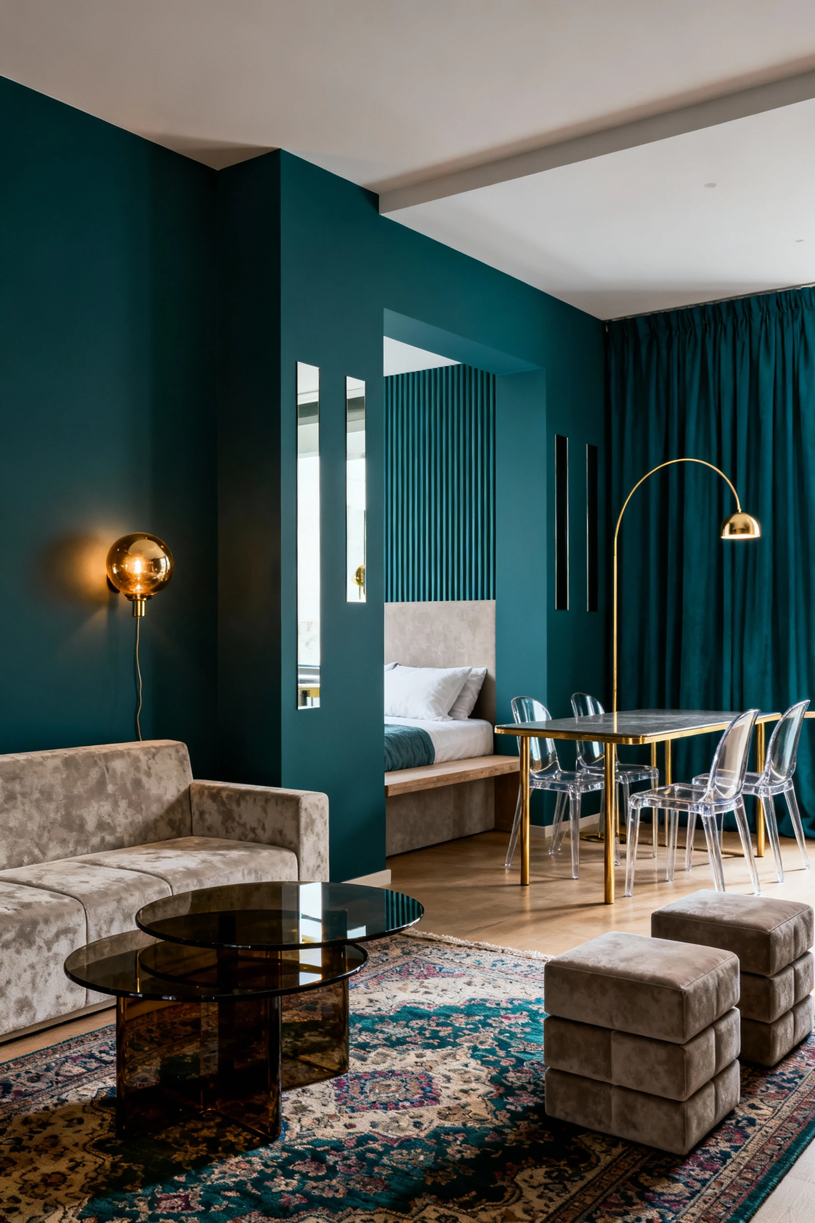 2. Photorealistic medium corner angle of a moody Teal + Brass micro-loft: deep teal accent wall with slim vertical peel-