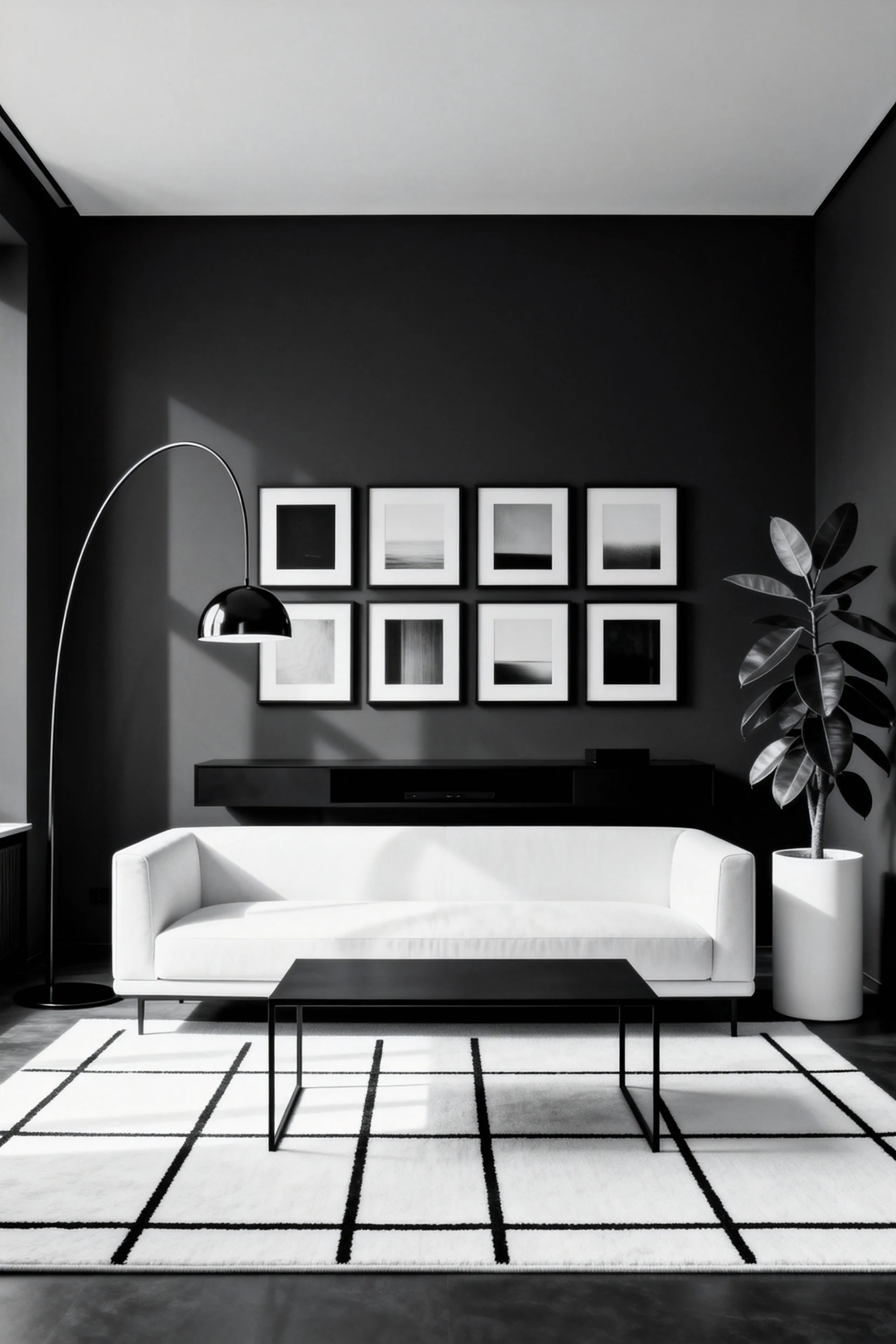 Straight-on medium shot of a dramatic monochrome modern living room section with charcoal walls, a low-profile white sof