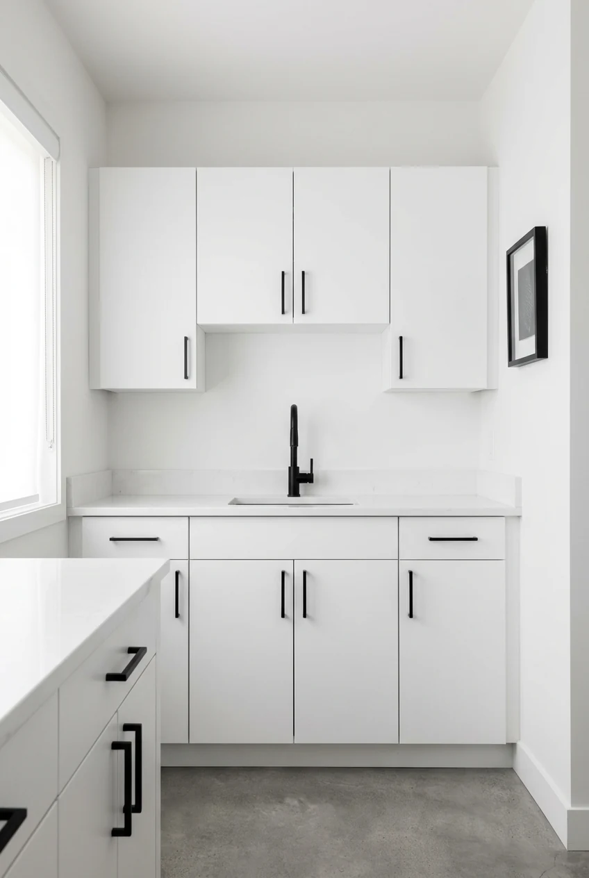 Straight-on medium shot of a compact minimalist monochrome kitchenette, cabinets painted crisp white with matte black ha