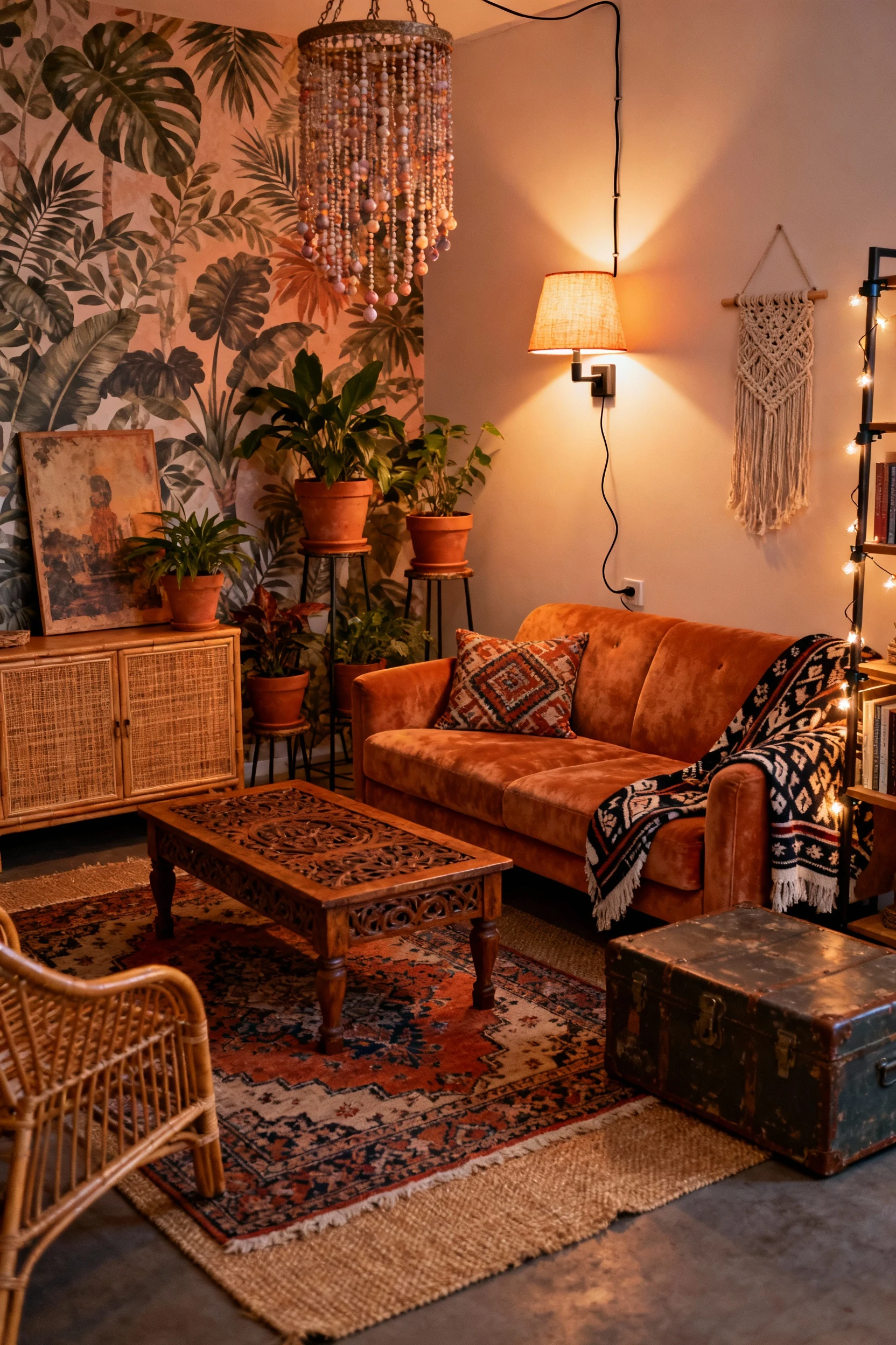 2. Medium, corner-angle photorealistic shot of a Vintage Boho Bazaar sofa wall at dusk: camel velvet sofa with patterned