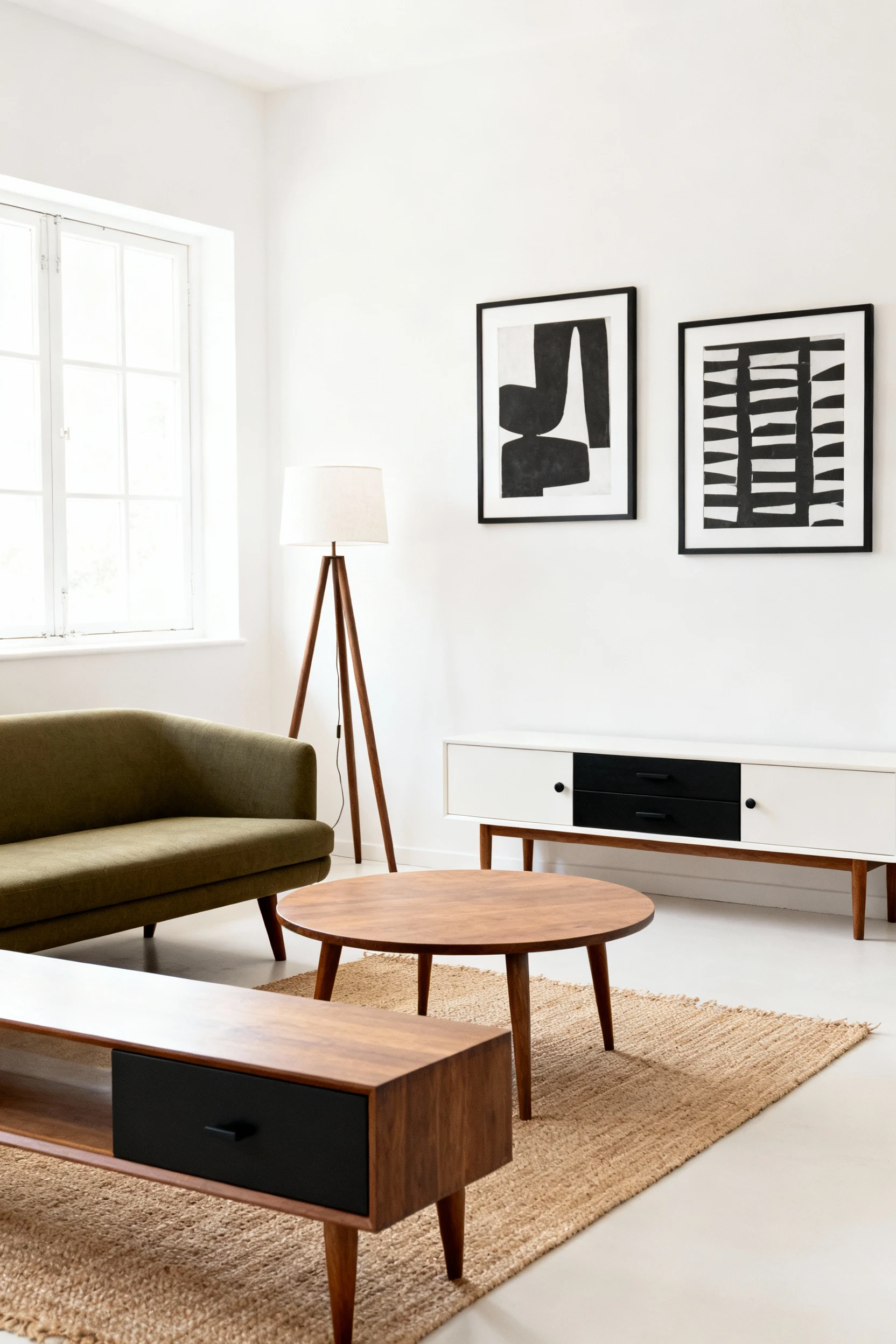 2. Photorealistic medium straight-on view of a mid-century minimalist studio: warm white walls, a low-profile olive sofa